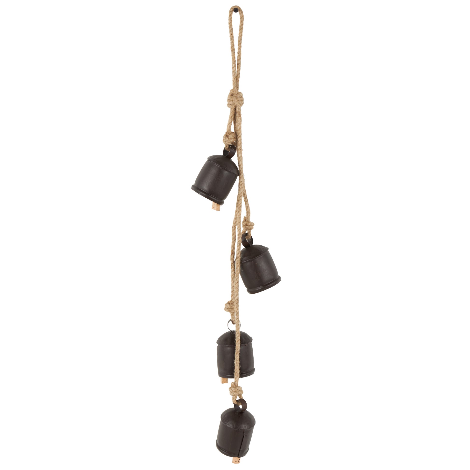 Metal Tibetan Inspired Indoor Outdoor Decorative Cow Bells with 4 Bells on Jute Hanging Rope