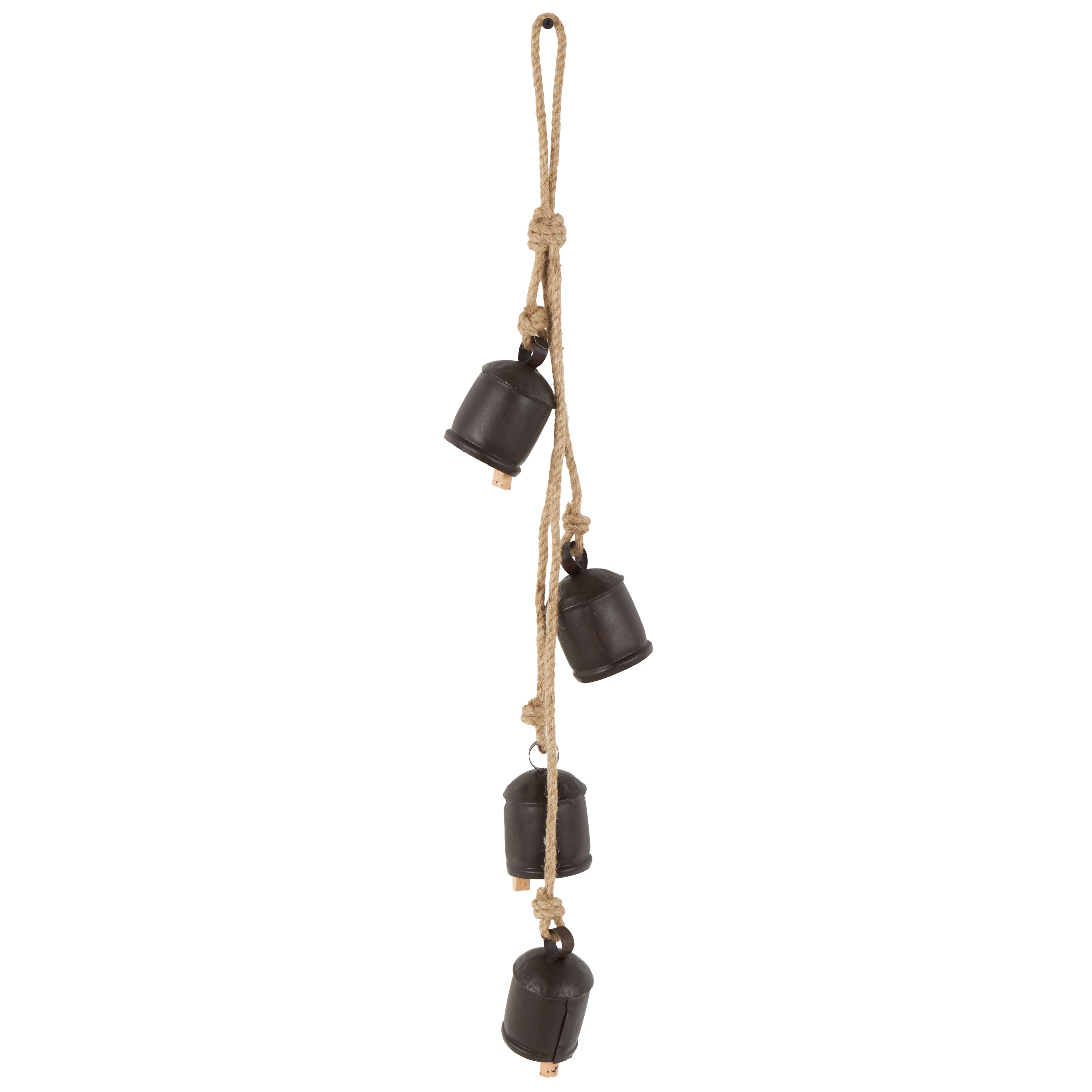 Metal Tibetan Inspired Indoor Outdoor Decorative Cow Bells with 4 Bells on Jute Hanging Rope