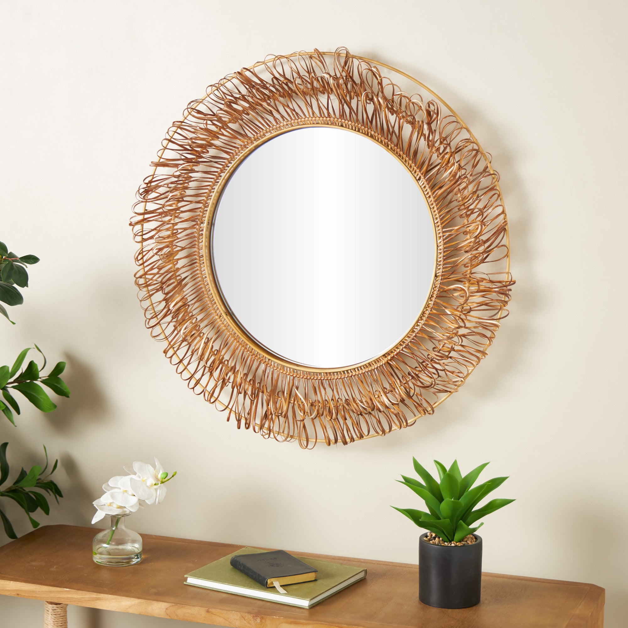 Tribal Brown Rattan Handmade Woven Looped Room Wall Mirror