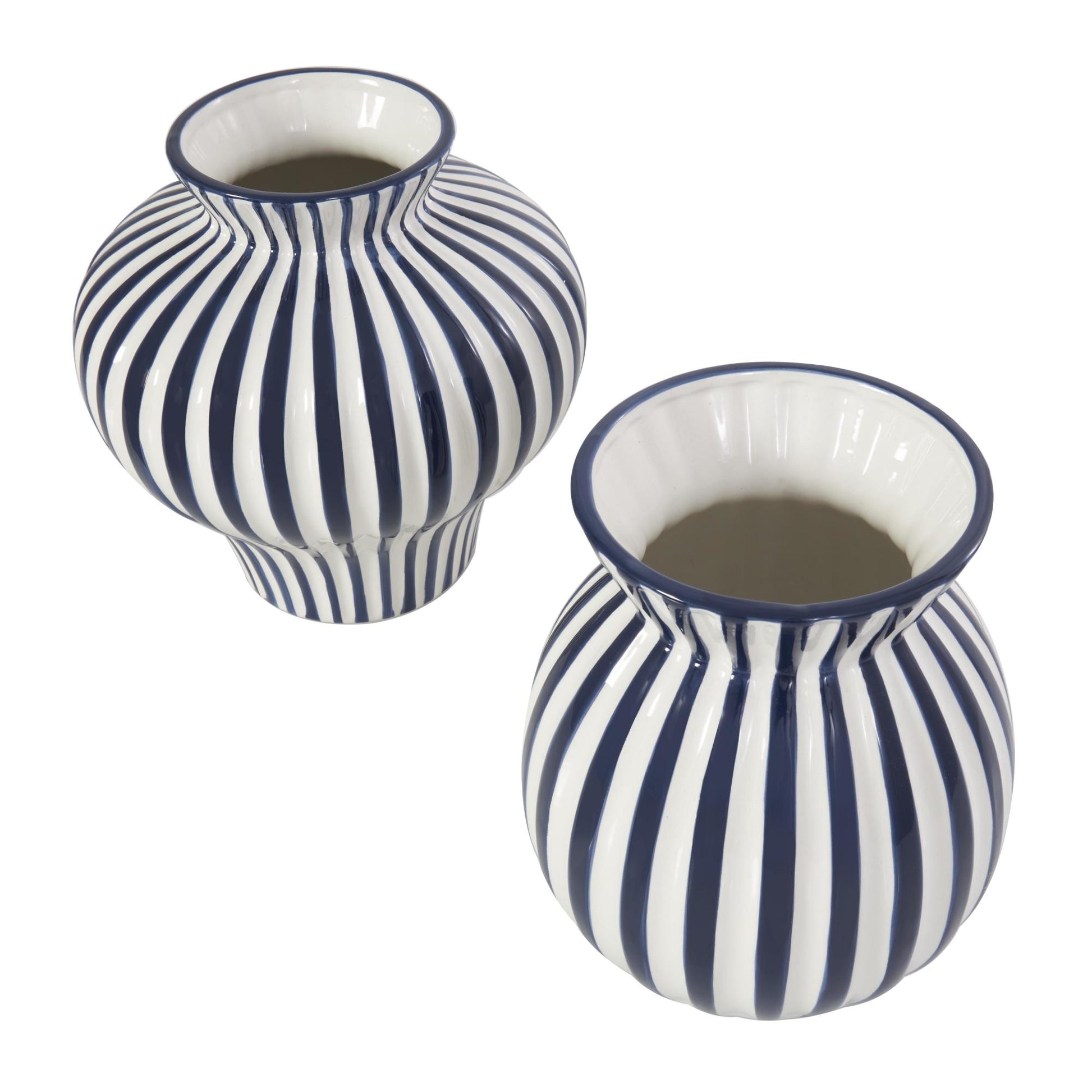 Set of 2 Blue Ceramic Striped Rounded Decorative Vase with Varying Shapes