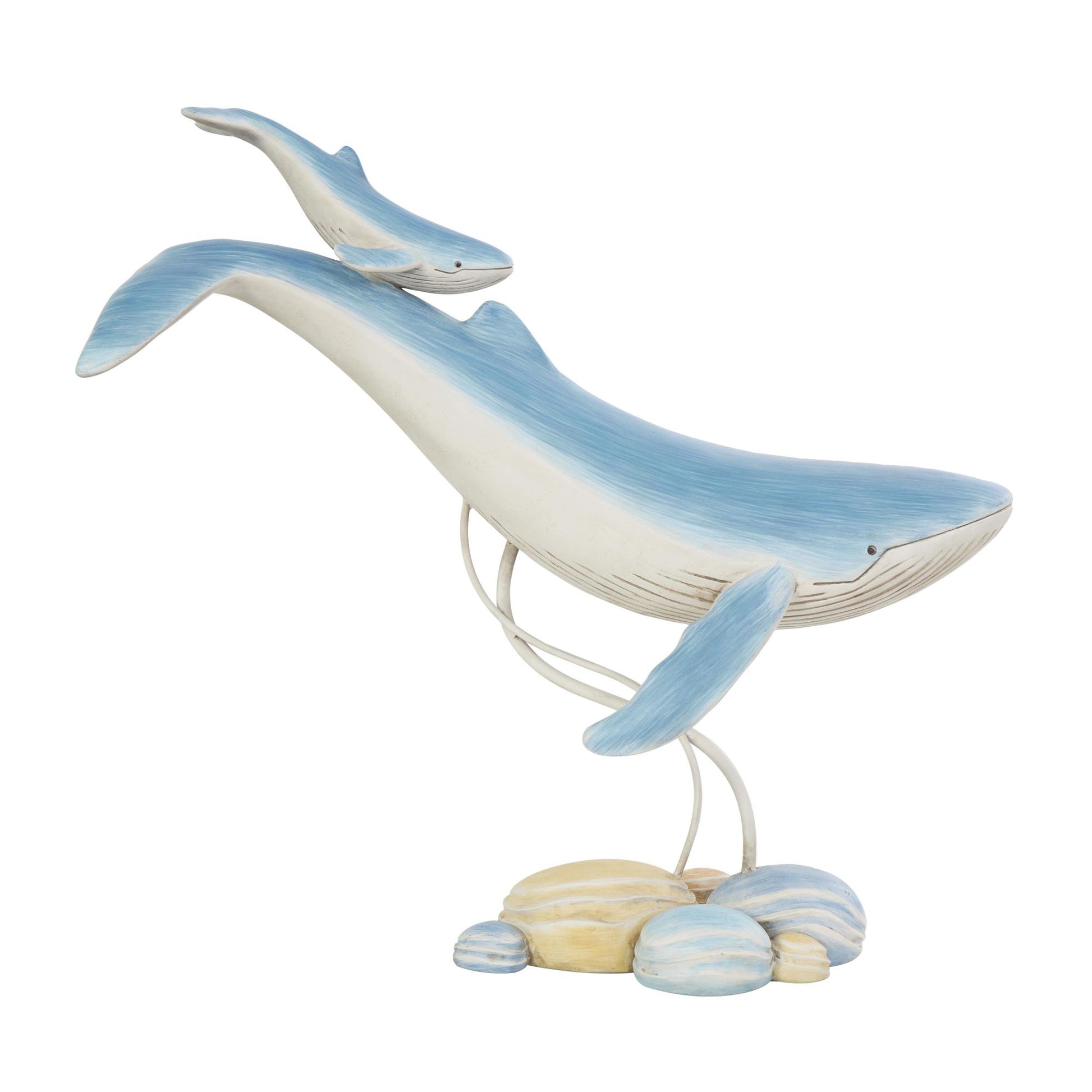 Whale Blue Polystone Swimming Mother and Baby Decorative Sculpture with Yellow Accents