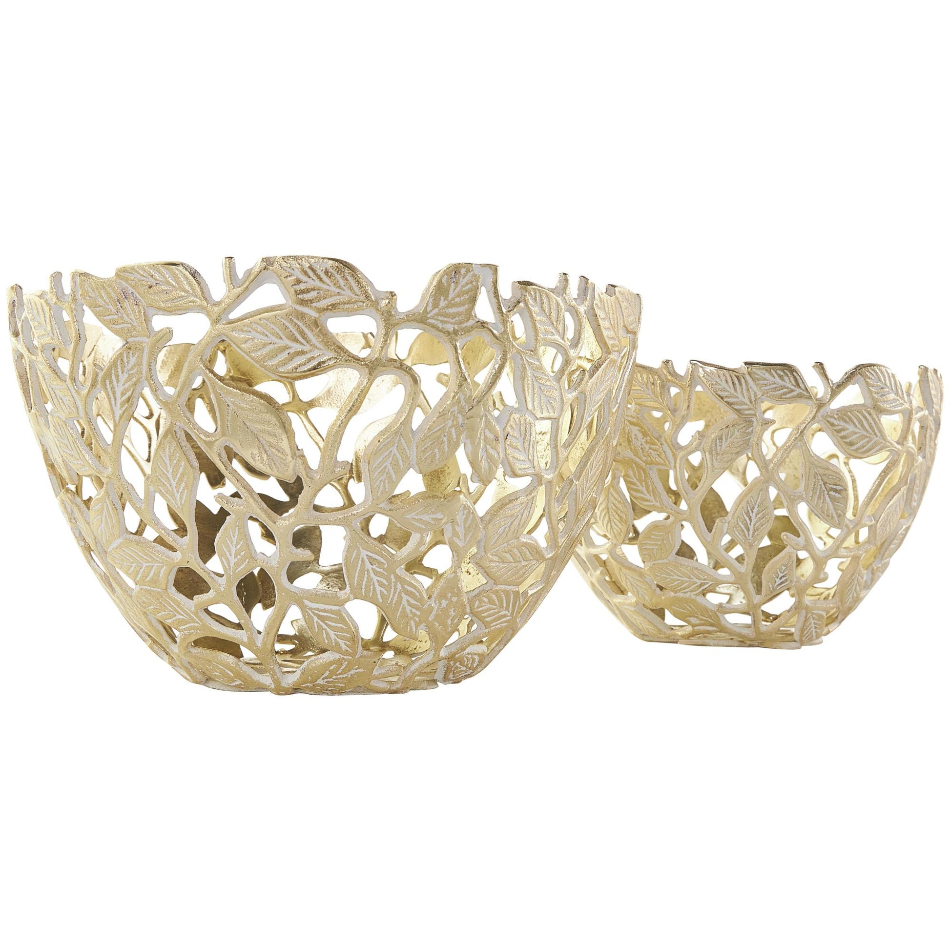 Set of 2 Leaf Gold Aluminum Metal Large Decorative Bowl with White Detailing