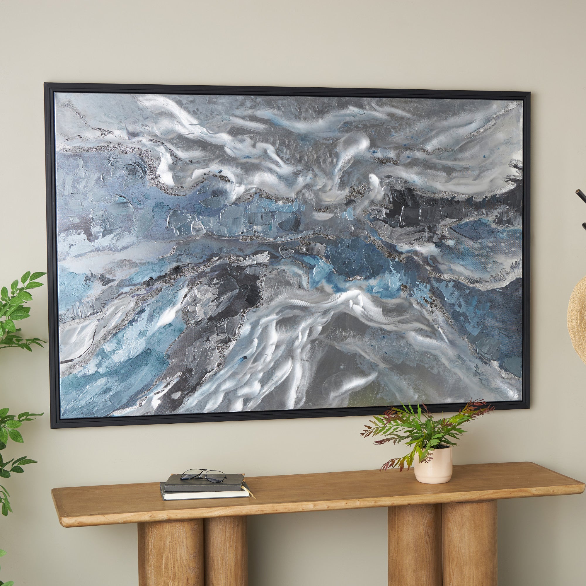 Abstract Blue Canvas Living Room Framed Wall Art with Silver Foil Accents and Black Frame