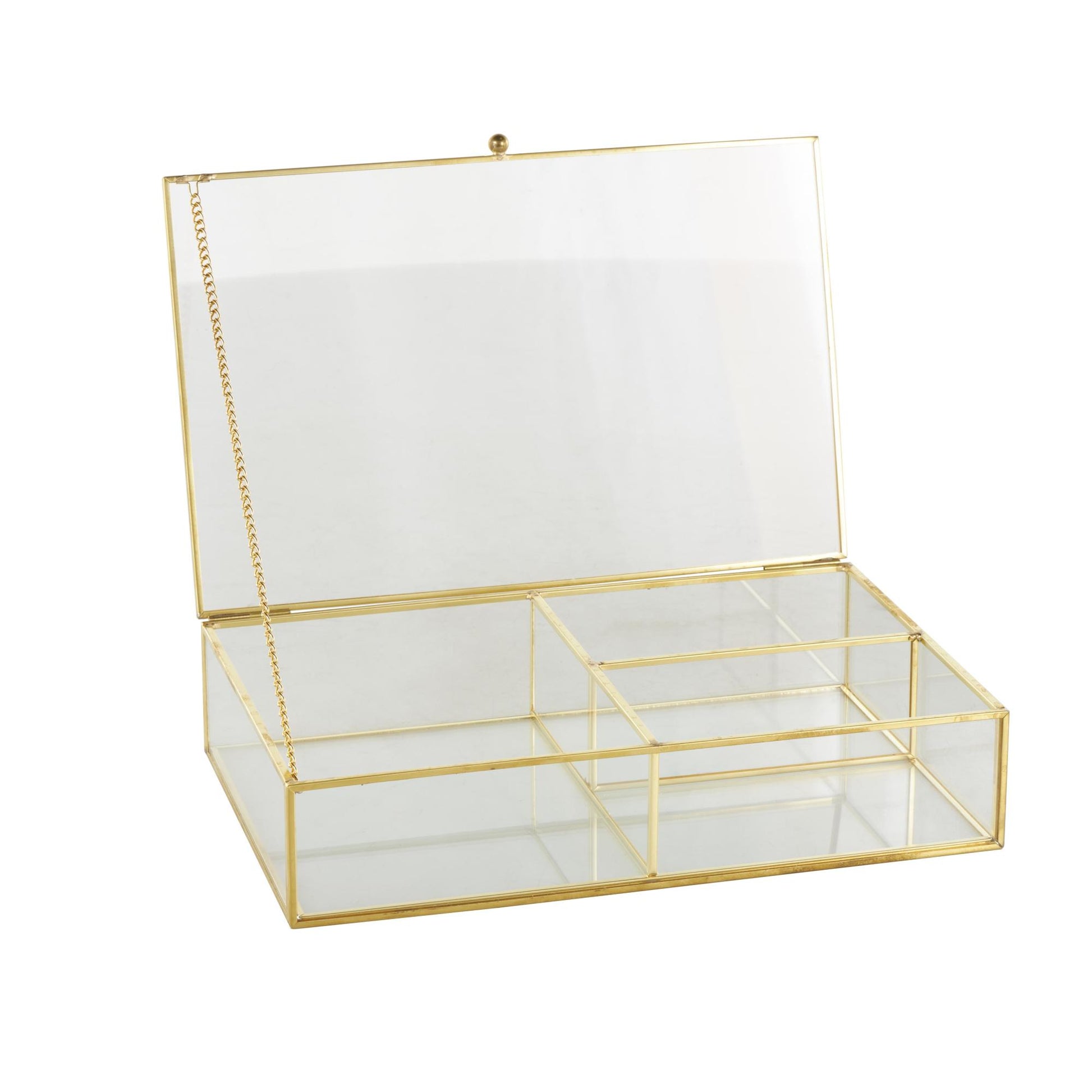 Clear Glass 3 Slot Decorative Jewelry Box with Gold Metal Frame and Chain Accent