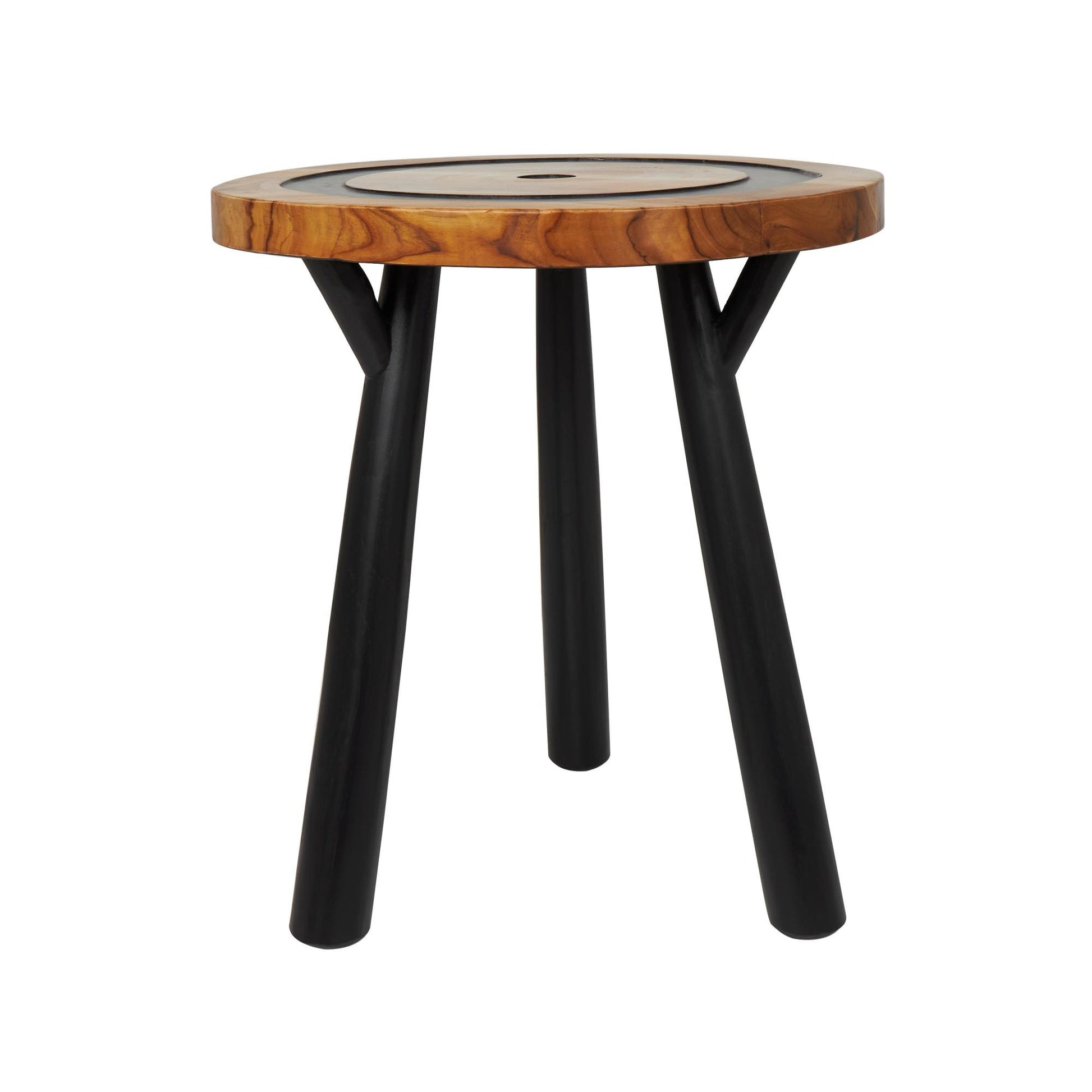 Geometric Brown Teak Wood Layered Circle Side End Accent Table with Black Legs