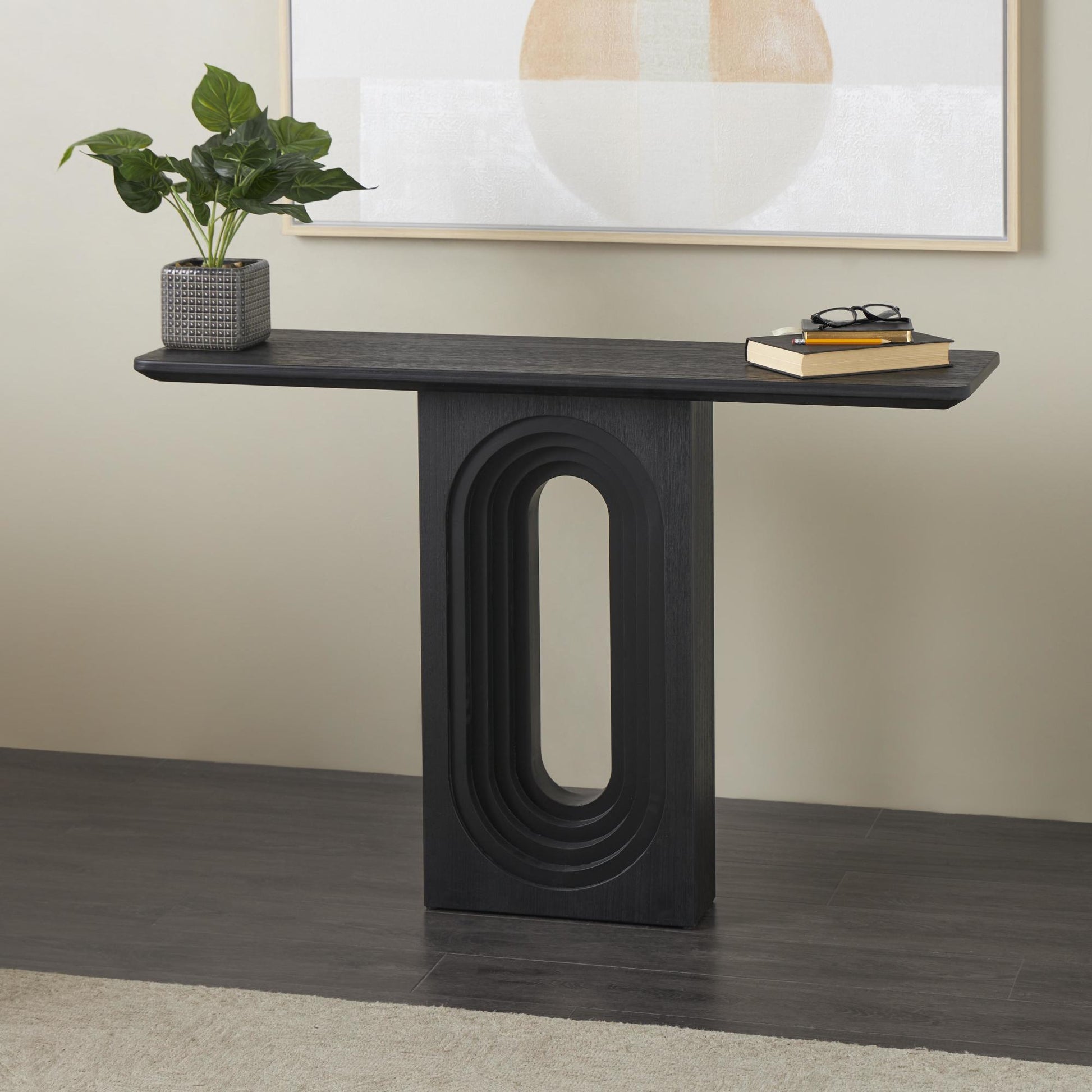 Black Wooden Rectangular Living Room Console Table with Oval Carved Pedestal Base