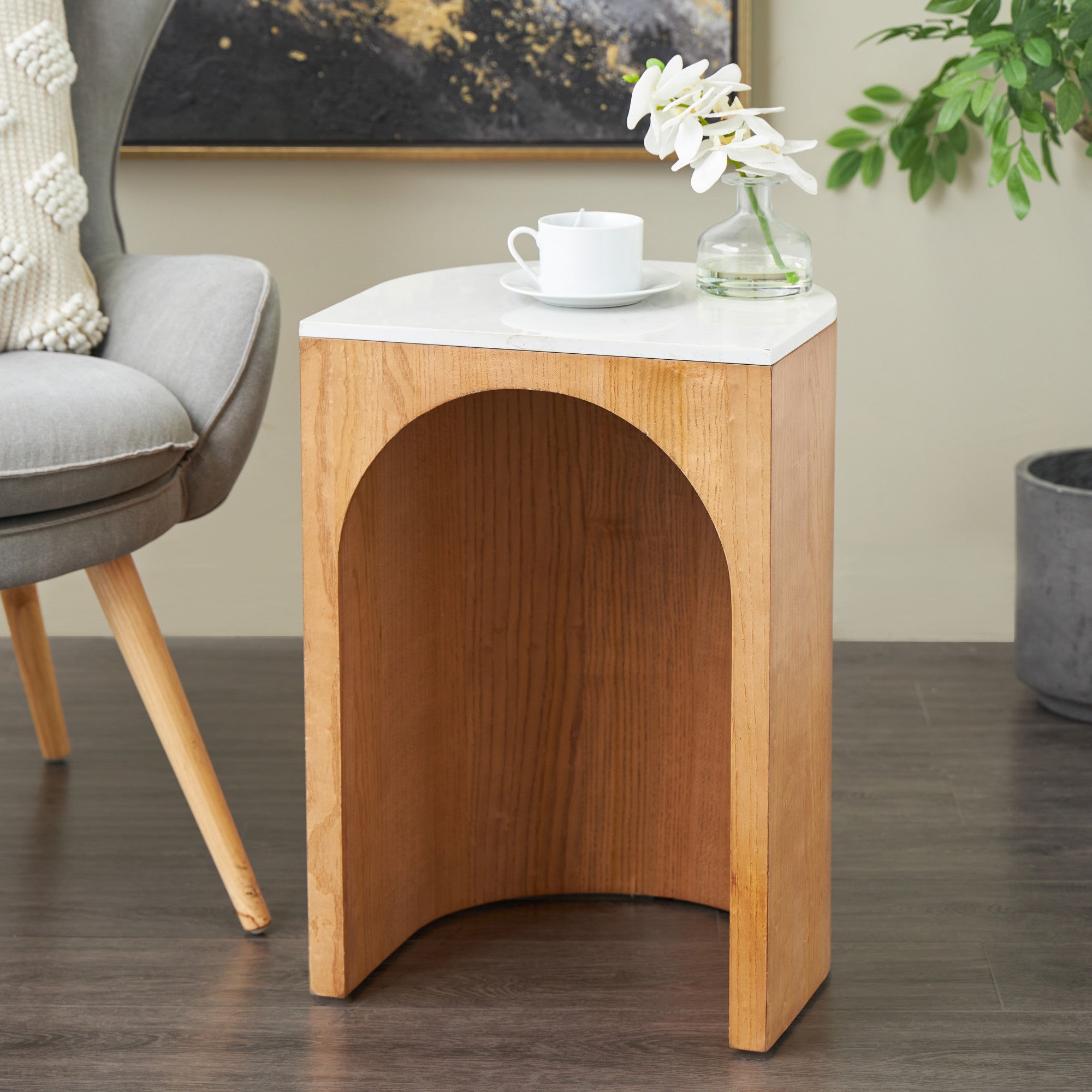 Wood Cutout Arch Side End Accent Table with White Marble Tabletop