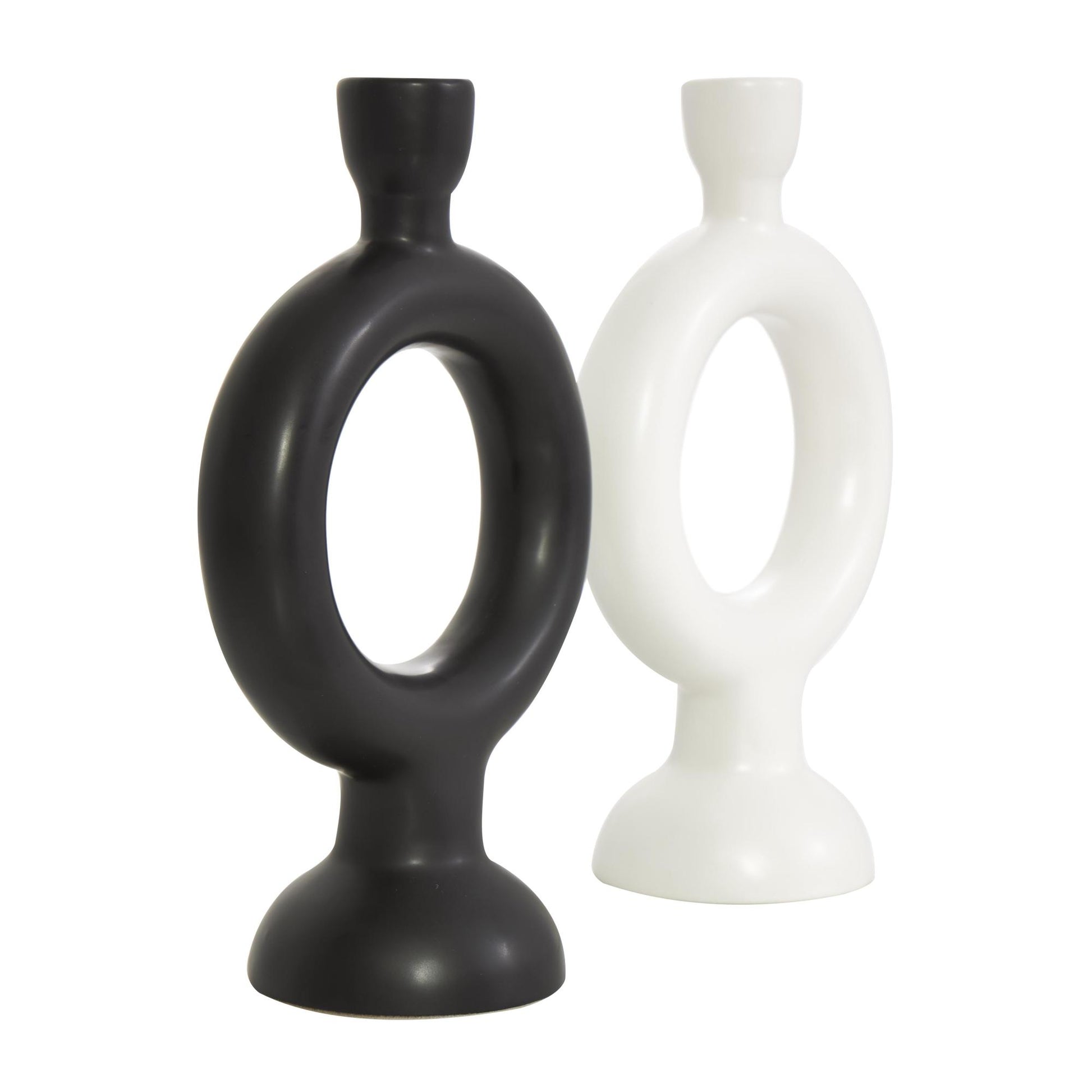 CosmoLiving by Cosmopolitan Set of 2 Geometric Black Ceramic Ring Decorative Candle Holder