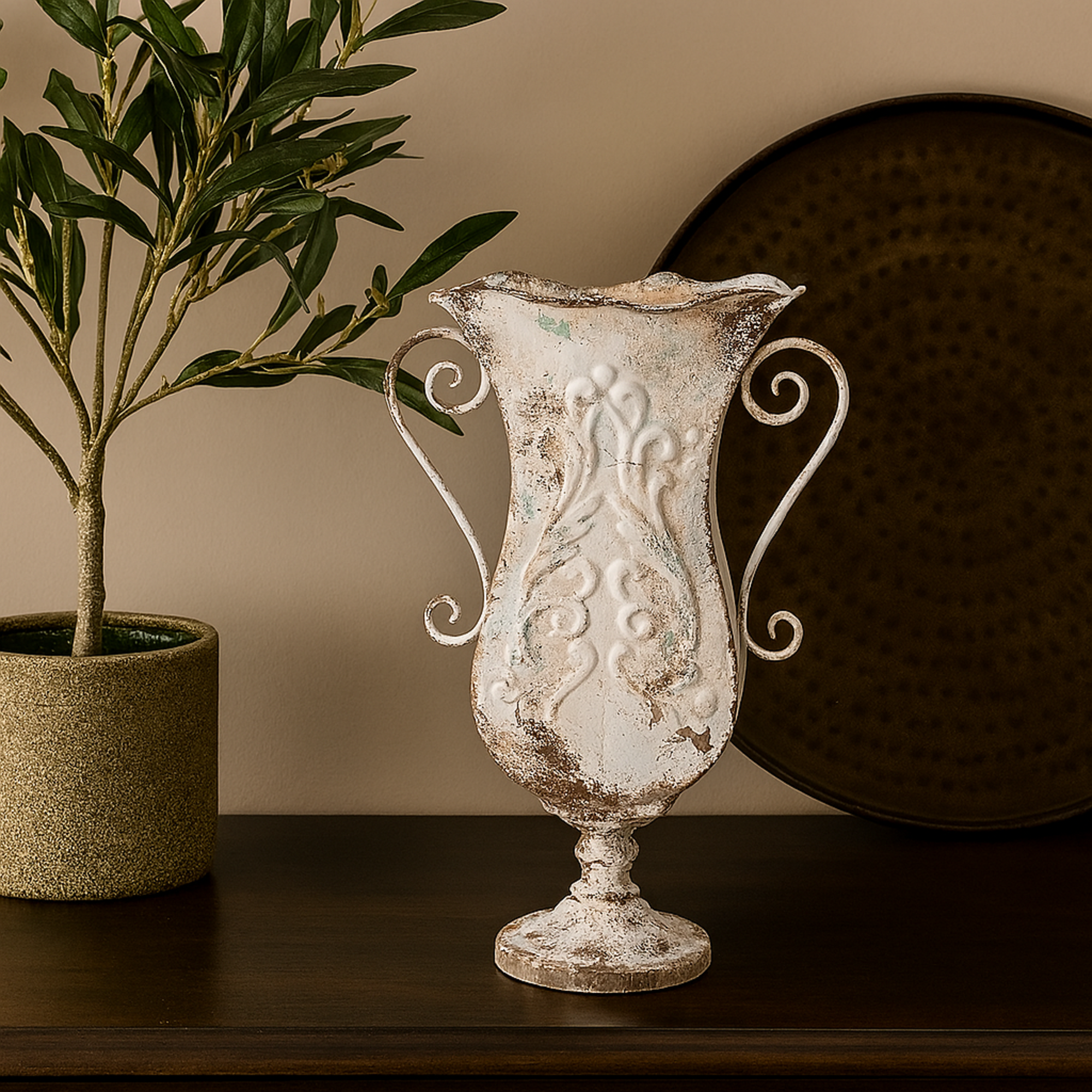 Scroll Beige Metal Distressed Decorative Vase