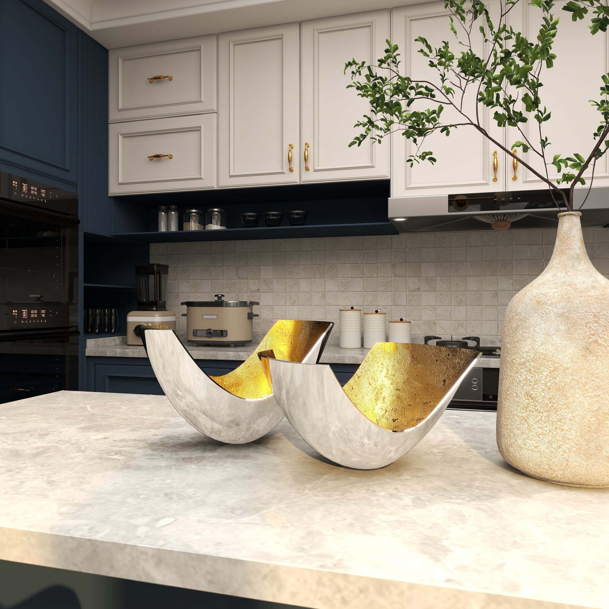 Set of 2 Gold Aluminum Metal Large Decorative Bowl with Gold Interior