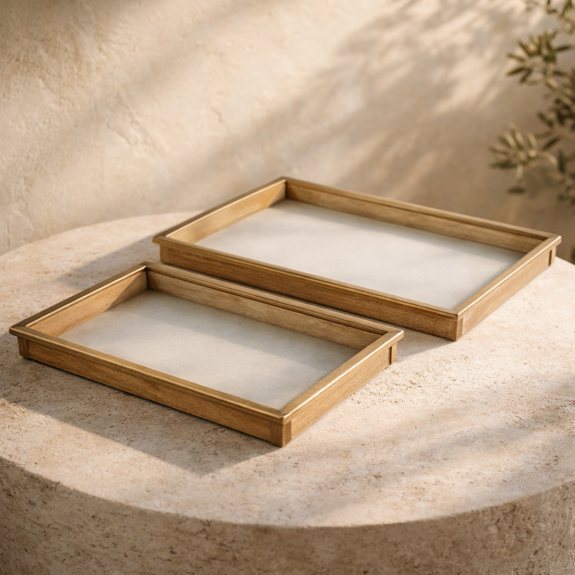 Set of 2 Brown Wood Nesting Living Room Decor Tray with Fluted Glass Bases