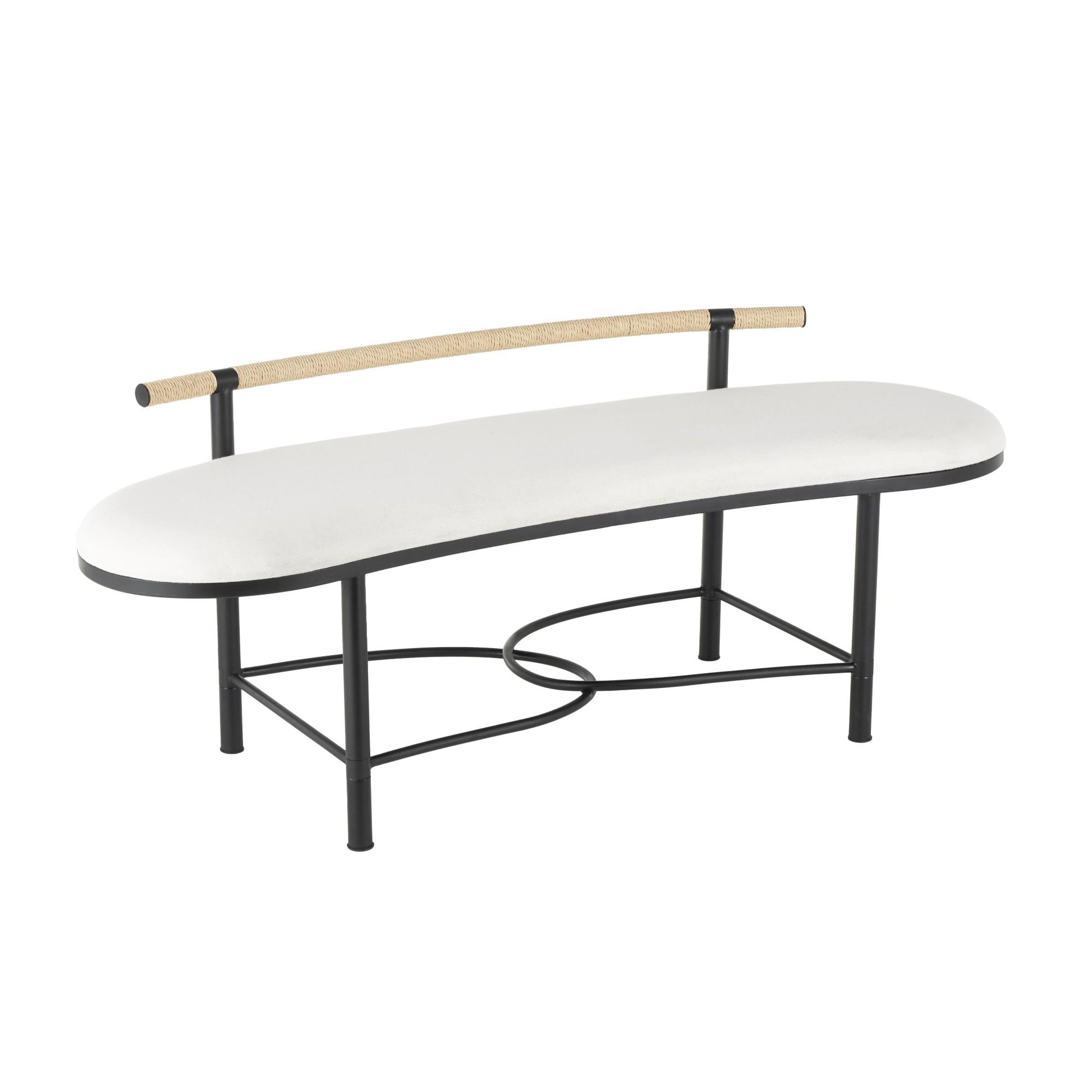 Abstract White Fabric Upholstered Oval Home Bench with Black Metal Frame and Rope Rod Backrest