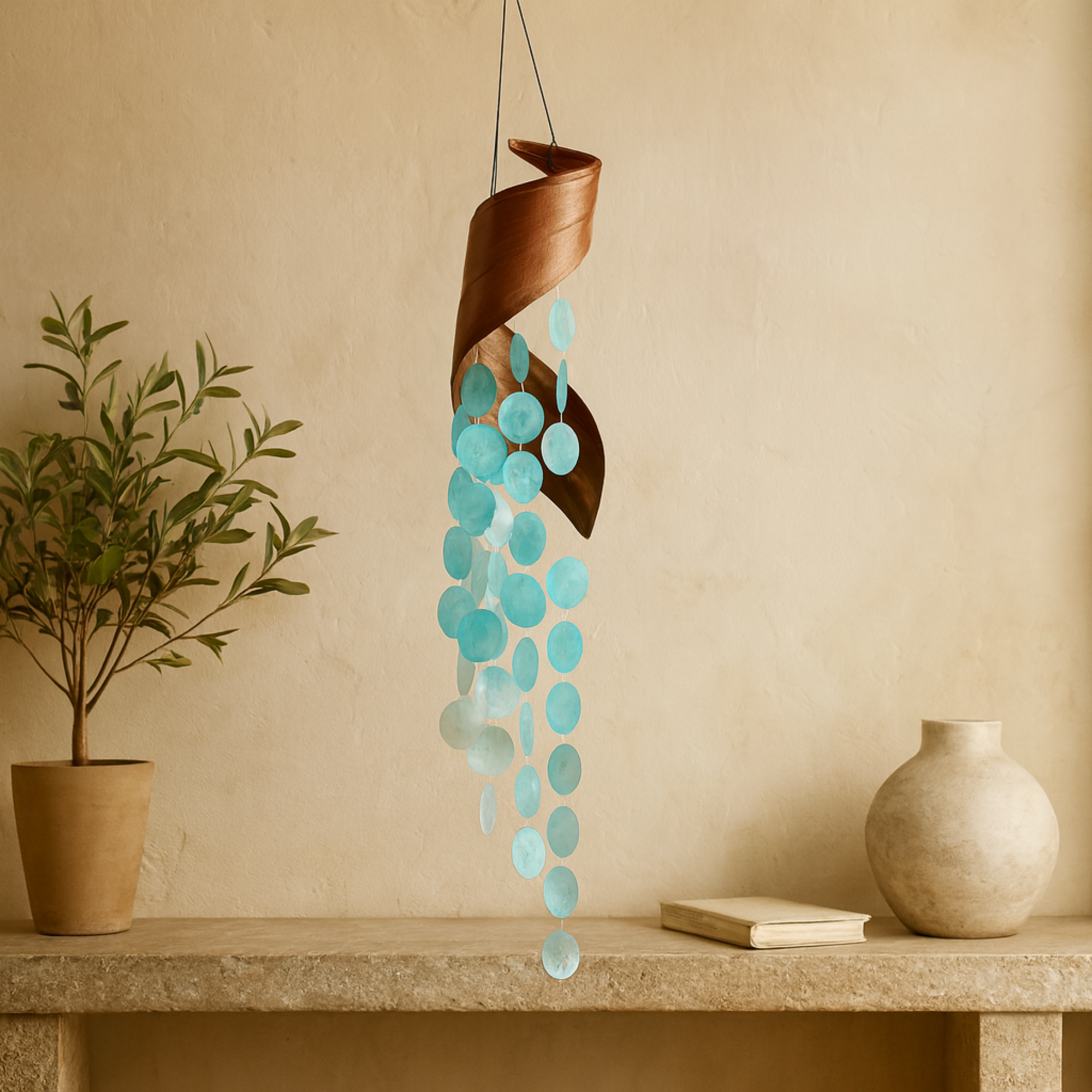 Geometric Teal Shell Spiral Waterfall Indoor Outdoor Windchime with Black Rope