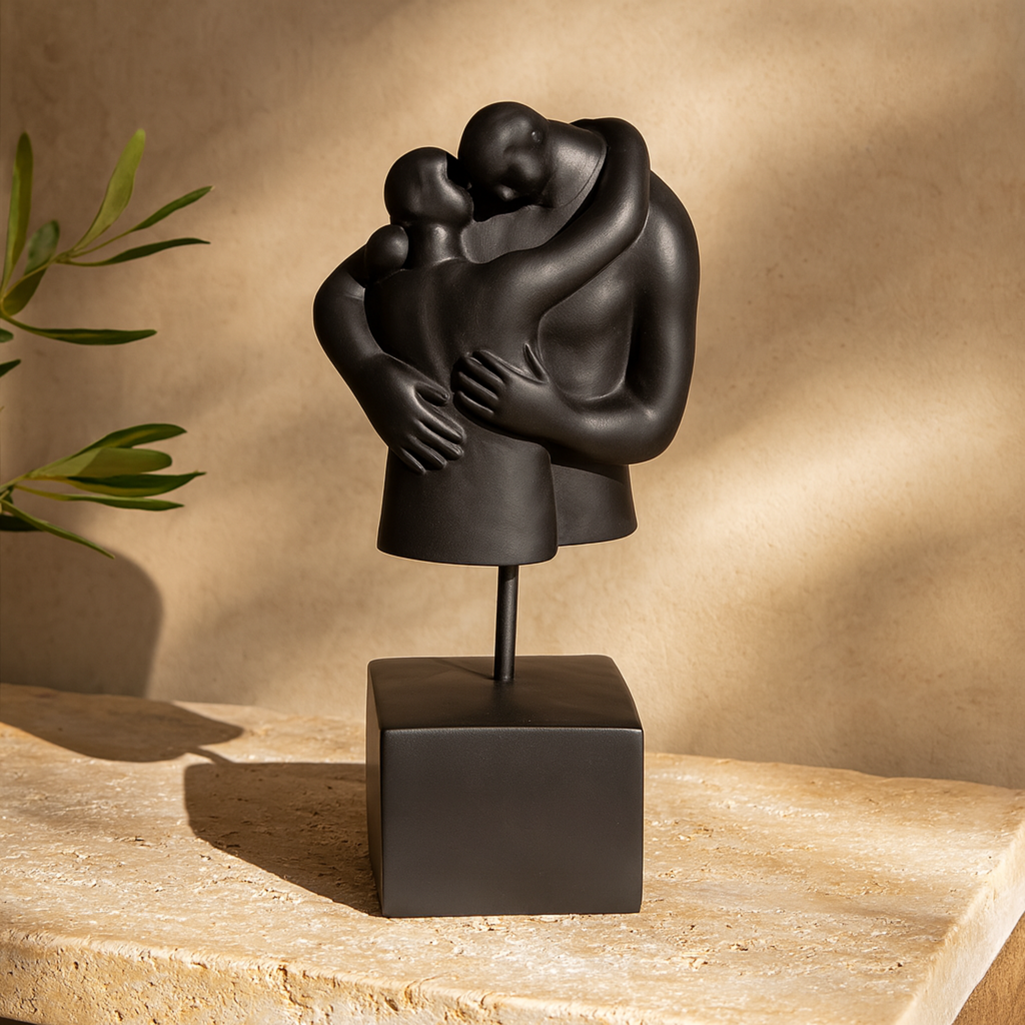 People Black Resin Hugging Decorative Sculpture with Square Base