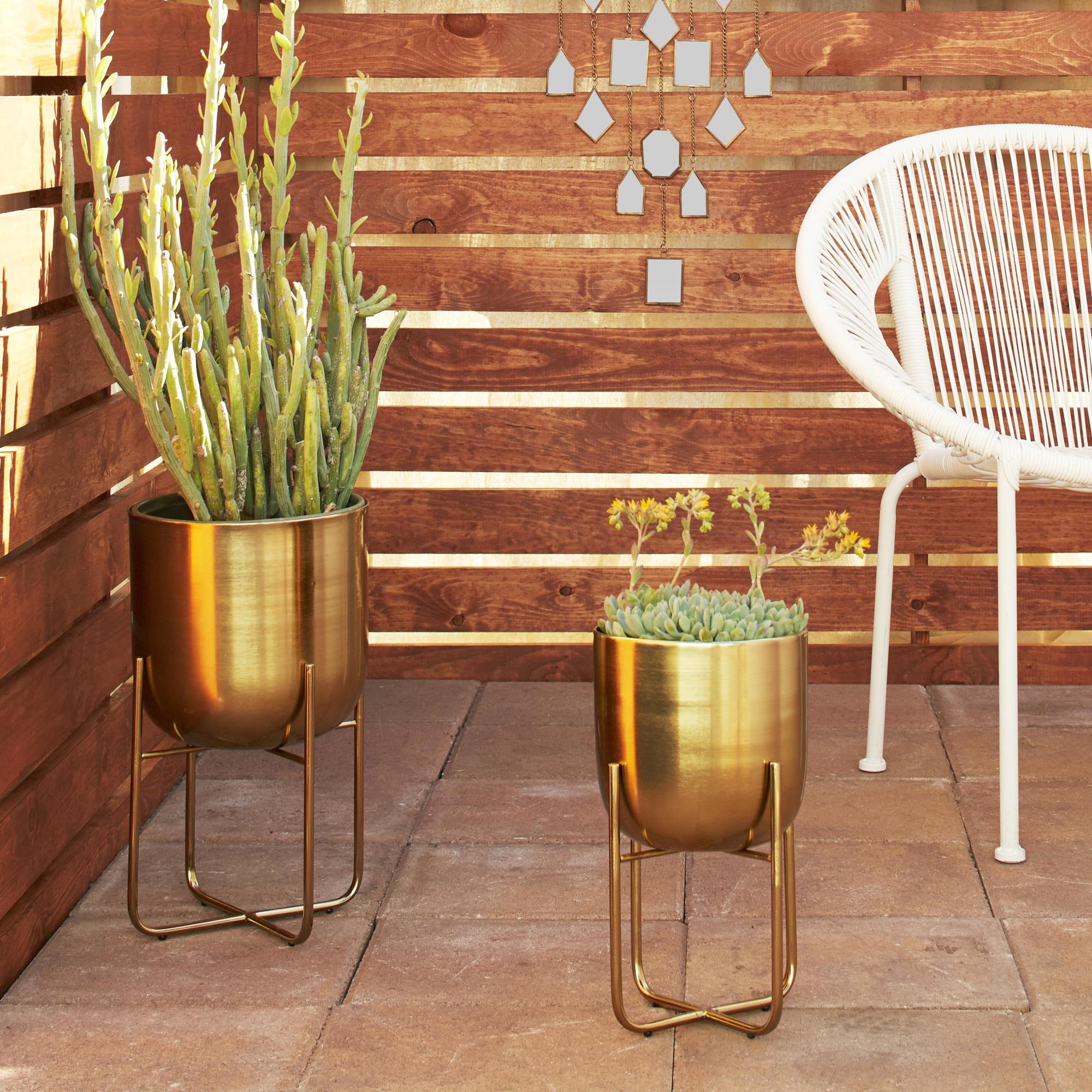 Set of 2 Metal Brushed Dome Indoor Outdoor Planter with Curved X-Shaped Stands Set of 2 16", 13"H