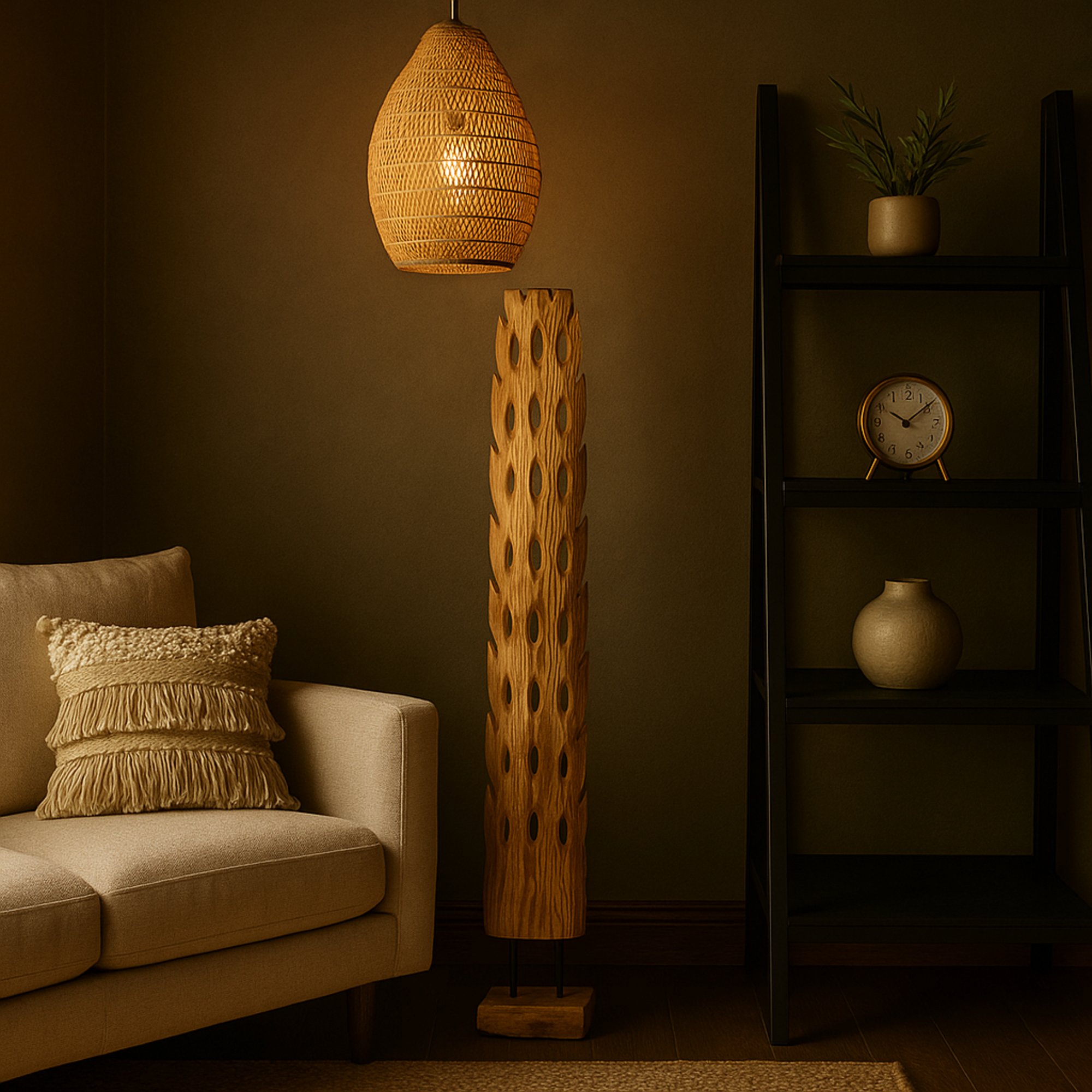 Abstract Brown Teak Wood Handmade Tall Floor Cutout Post Decorative Sculpture with Live Edge Base