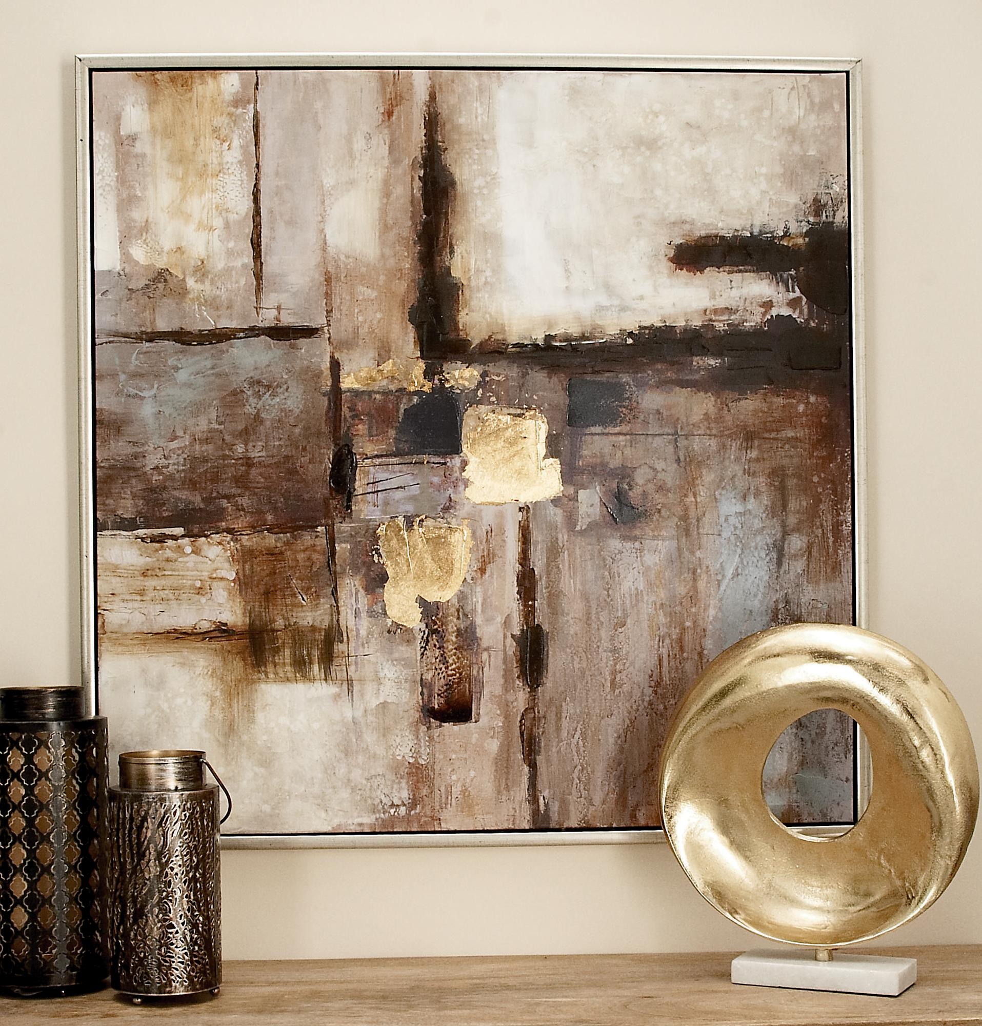 Abstract Brown Canvas Living Room Framed Wall Art with Silver Frame