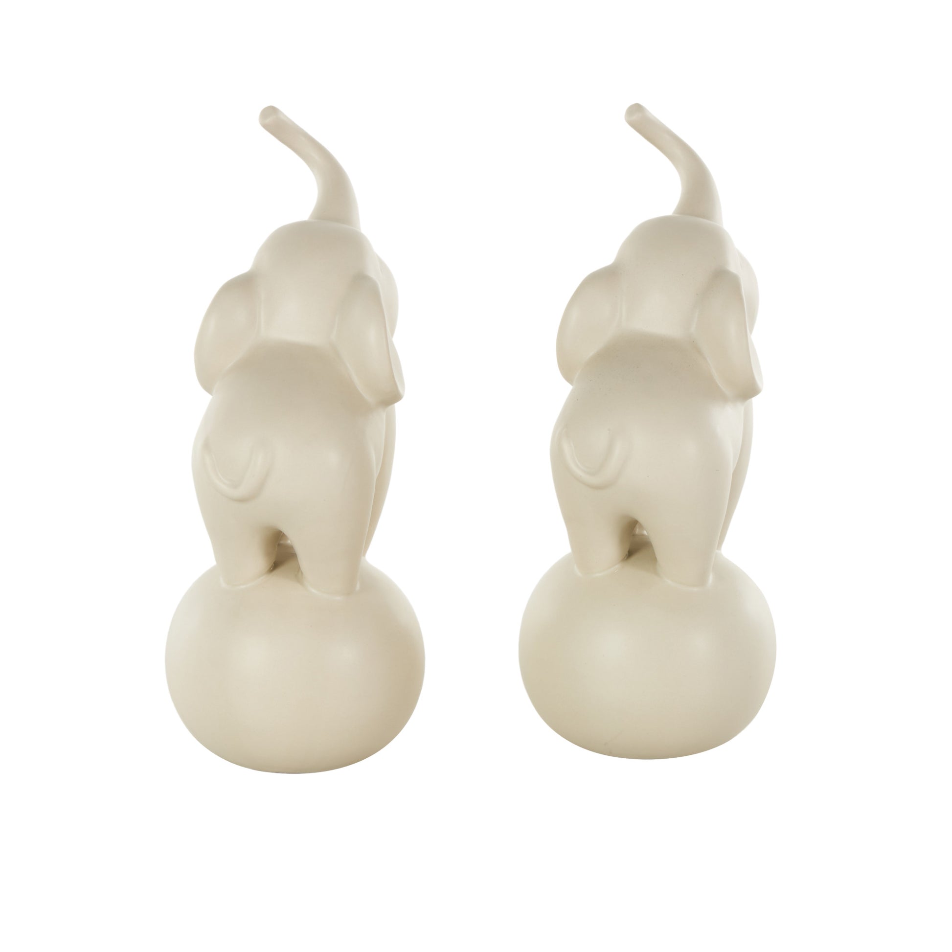 Set of 2 Elephant White Ceramic Trumpeting Decorative Sculpture with Round Base