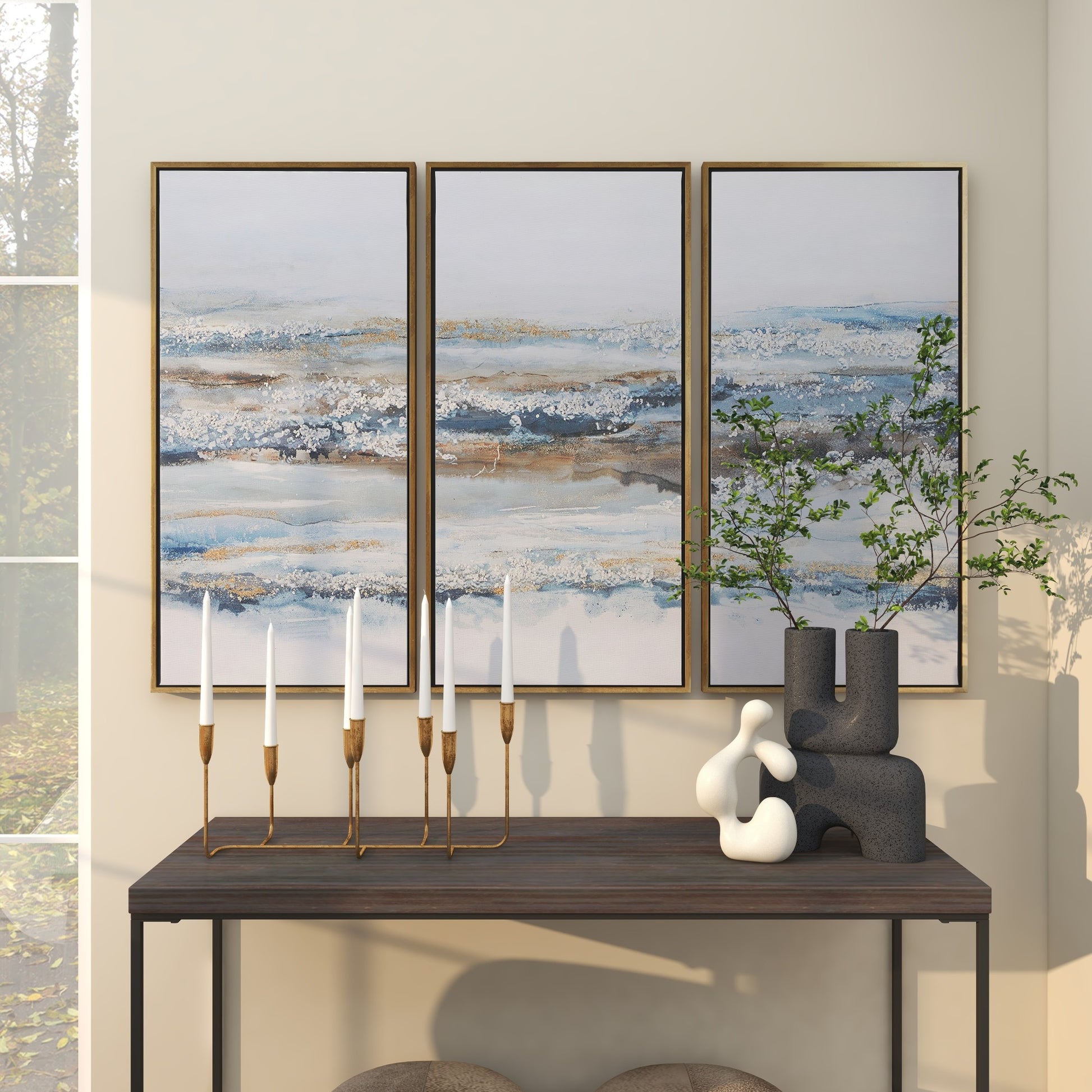 Set of 3 Landscape Blue Canvas Living Room Framed Wall Art with Gold Frame