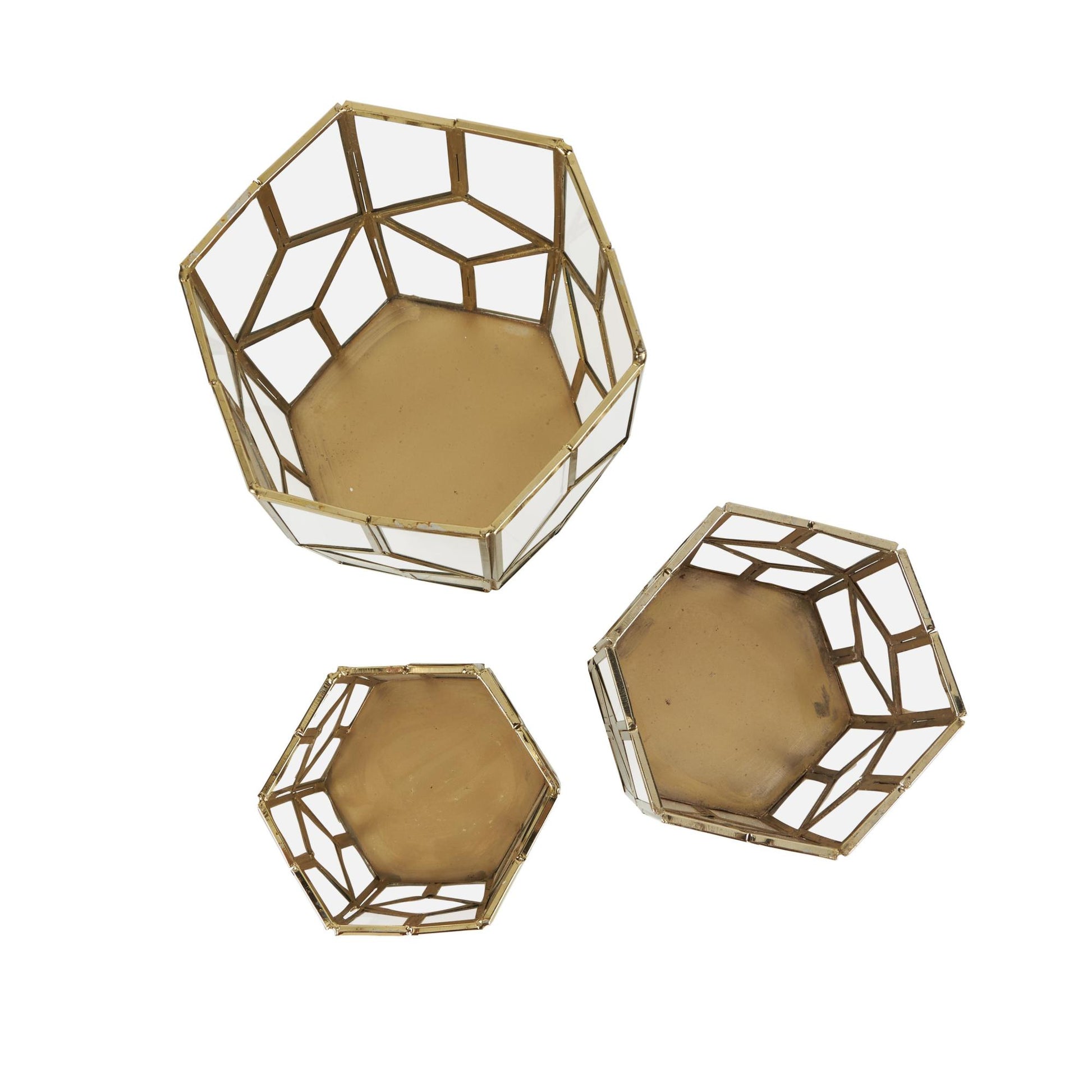 CosmoLiving by Cosmopolitan Set of 3 Geometric Gold Metal Diamond Patterned Hexagon Indoor Outdoor Candle Lantern with Clear Glass