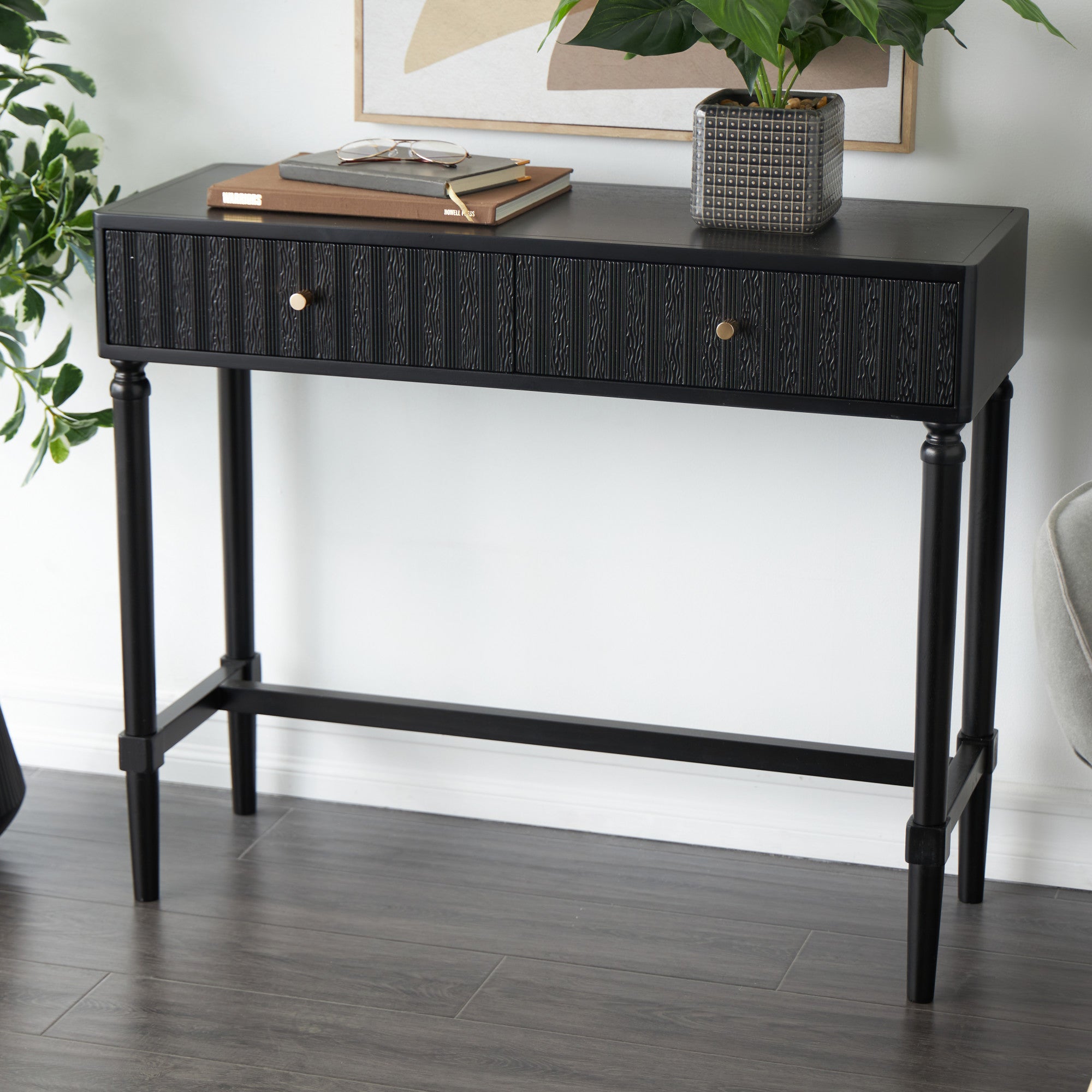 Black Wood Handmade 2 Drawer Living Room Console Table with Gold Handles