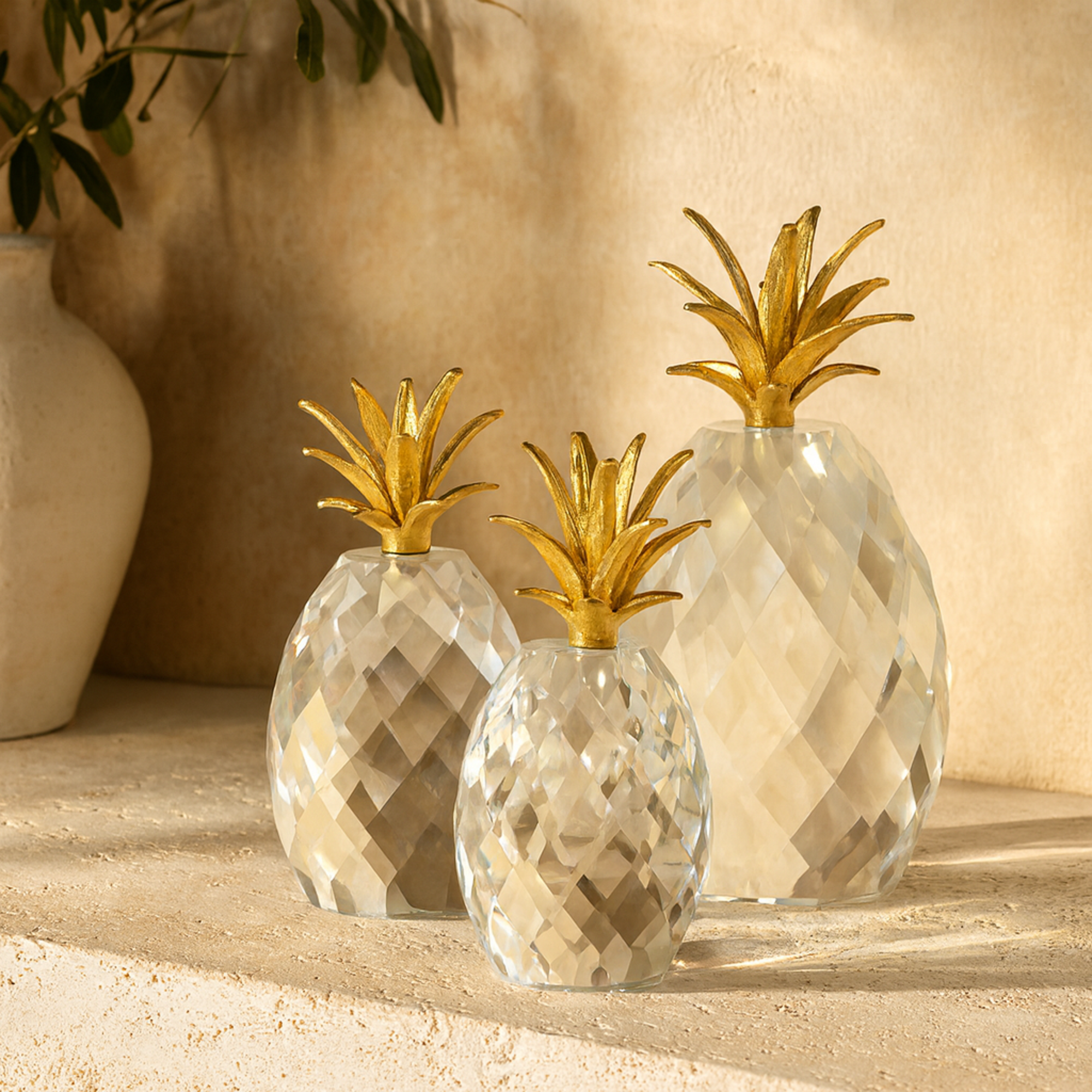 Set of 3 Fruit Clear Crystal Faceted Pineapple Decorative Sculpture with Gold Leaves