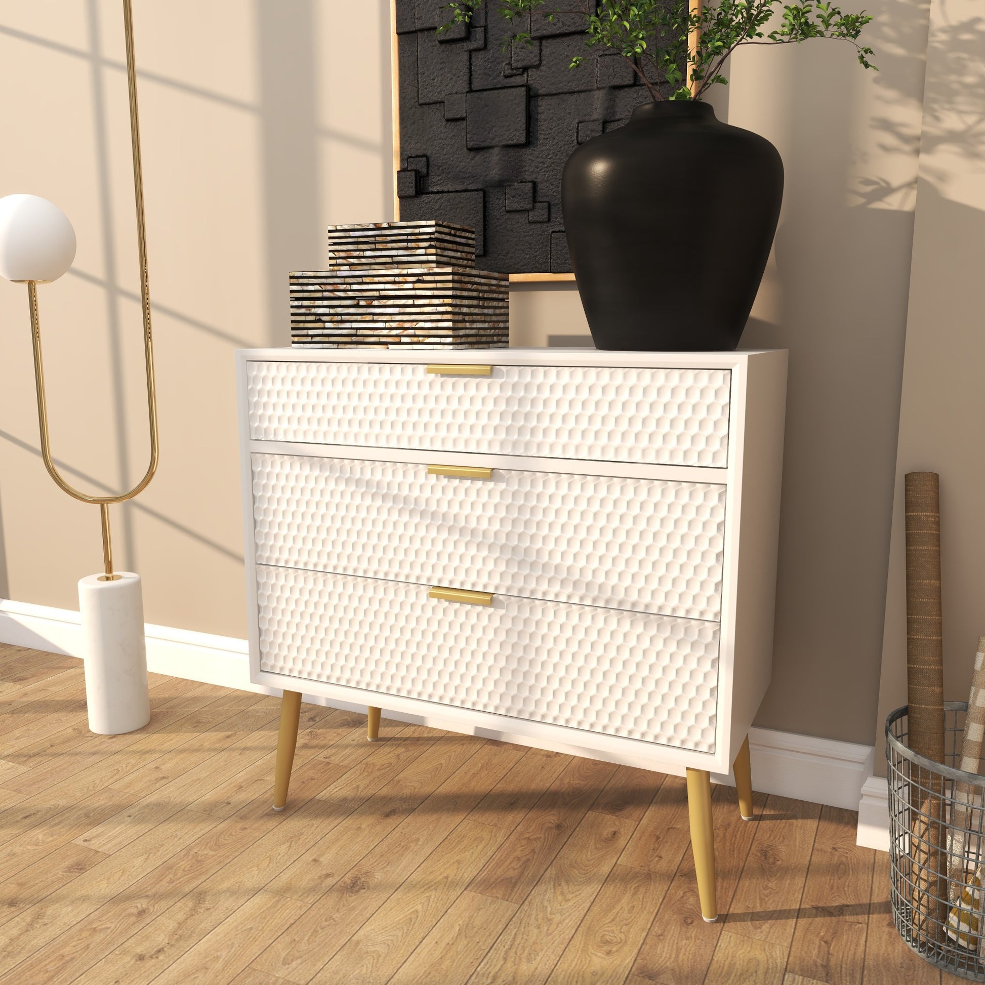 Geometric White Wooden 3 Drawer Room Chest with Gold Legs