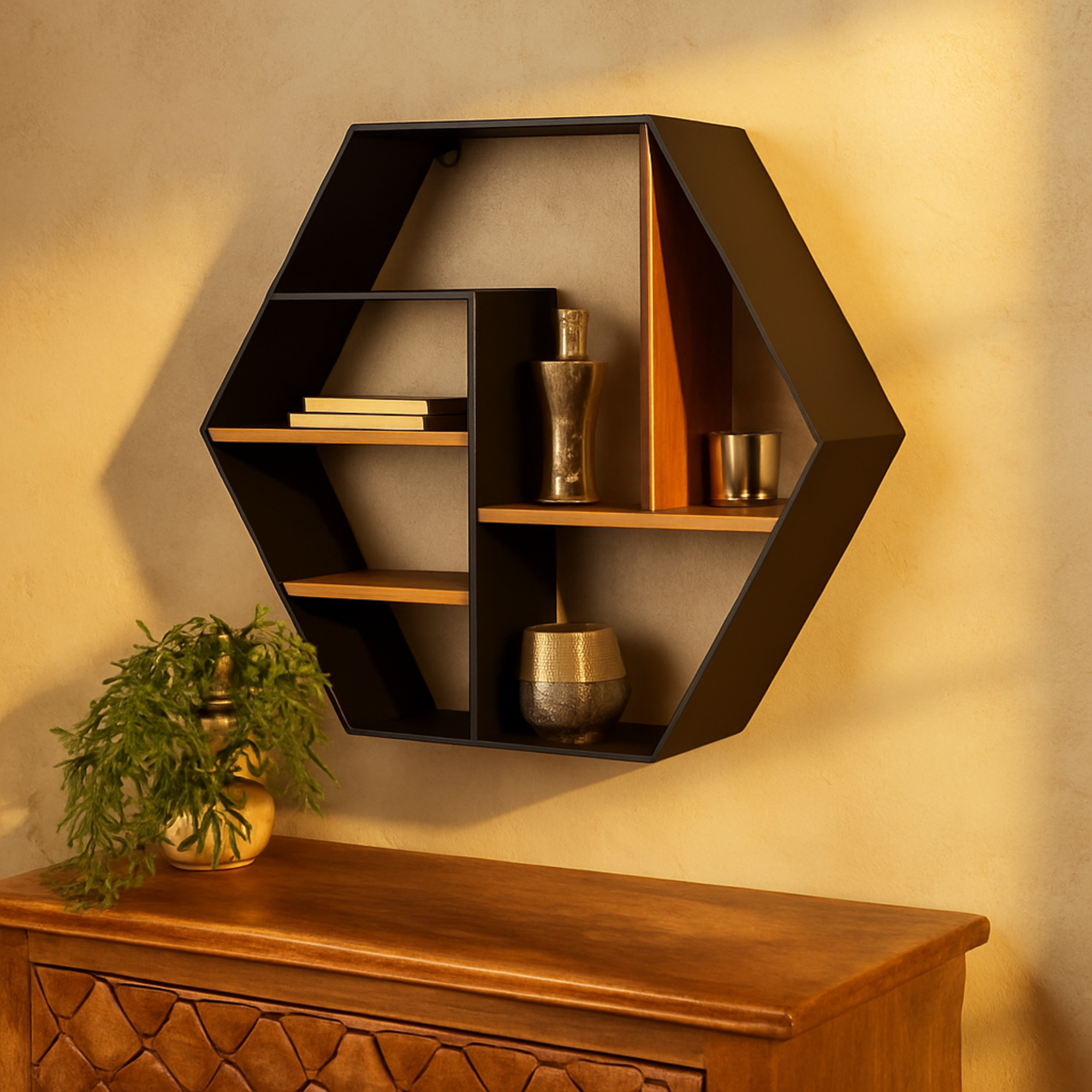 Geometric Black Metal Hexagon 5 Shelf Room Wall Shelf with Wooden Accents