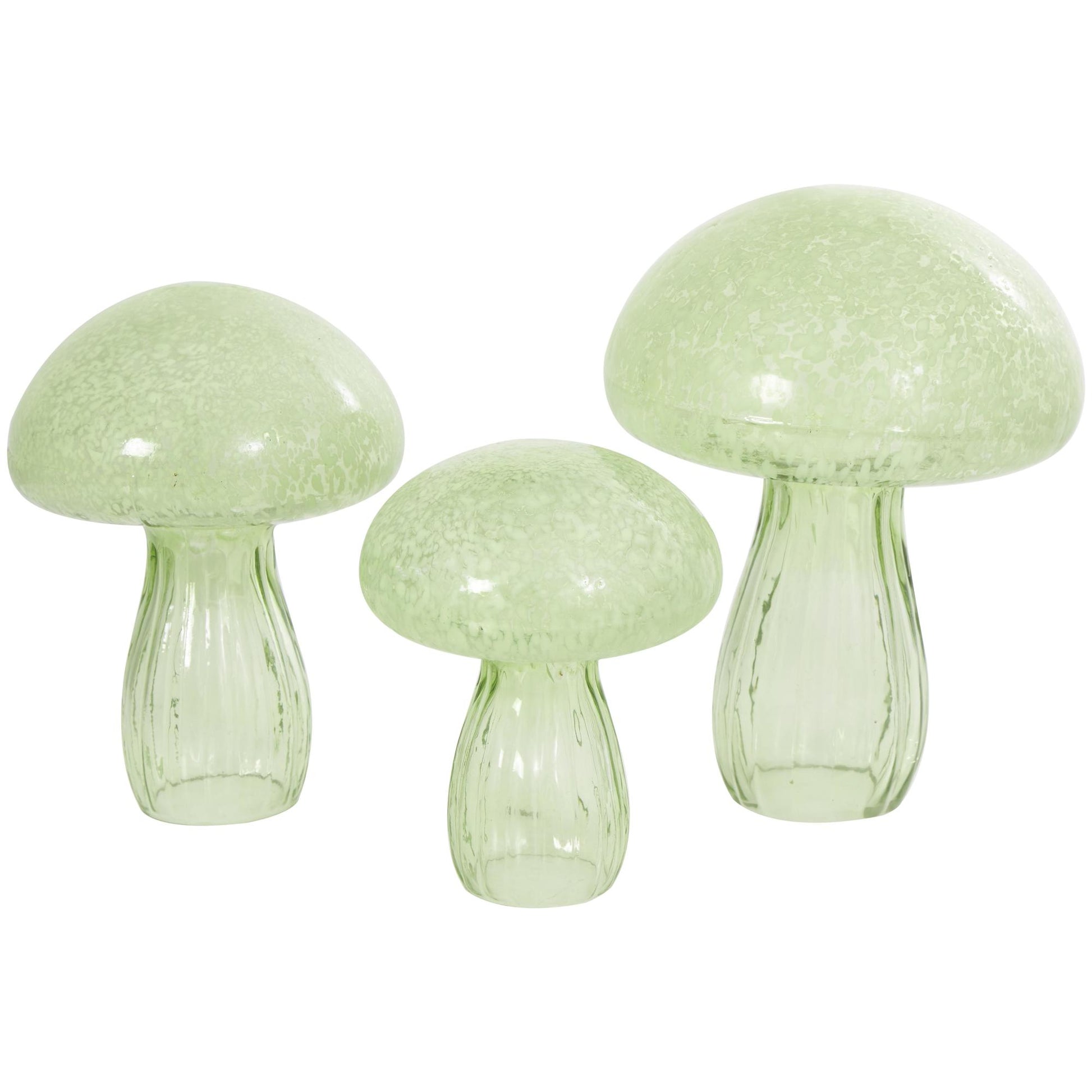 Set of 3 Mushroom Green Glass Textured Decorative Sculpture