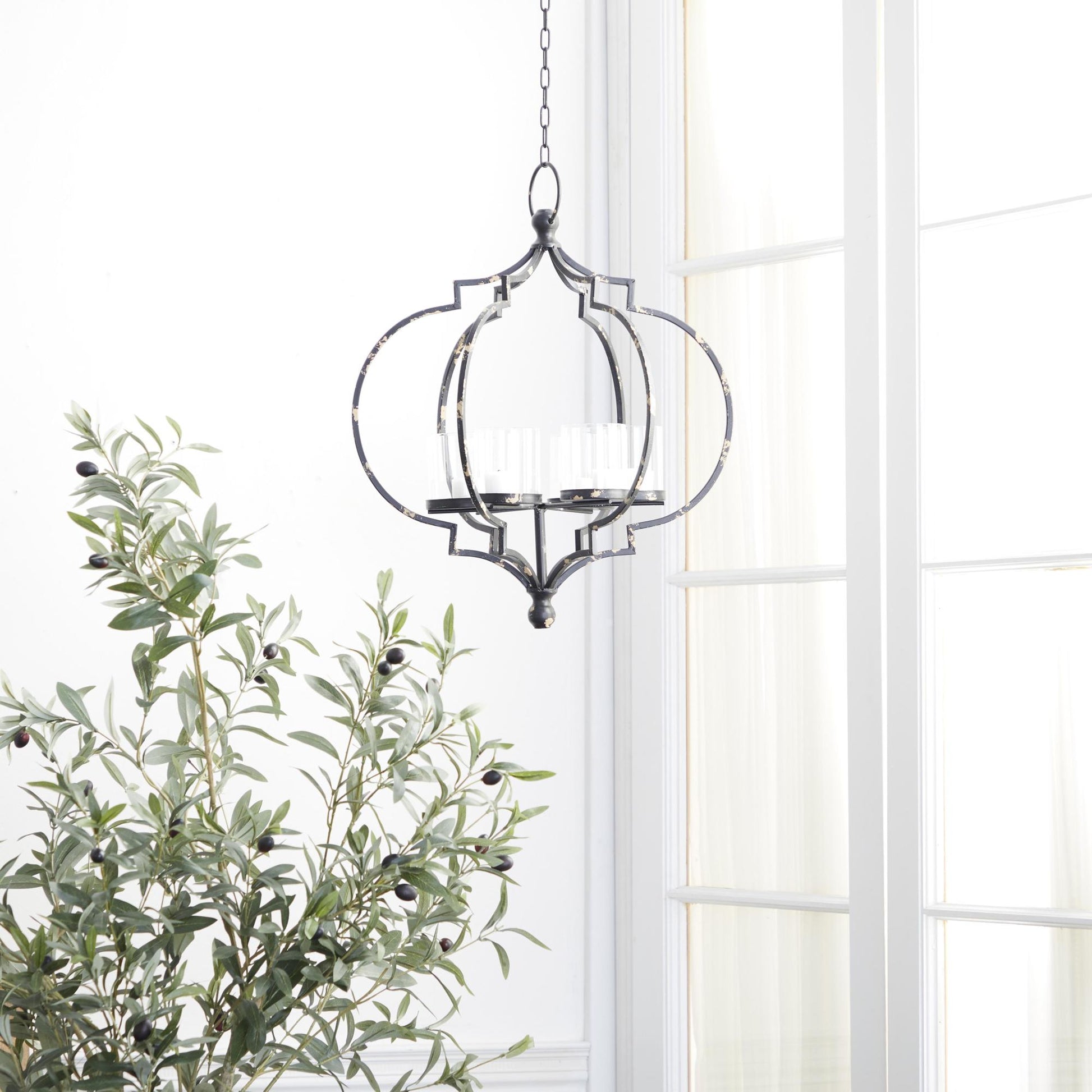Black Metal Open Caged Hanging 6 Slot Decorative Candelabra with Distressing and Hook