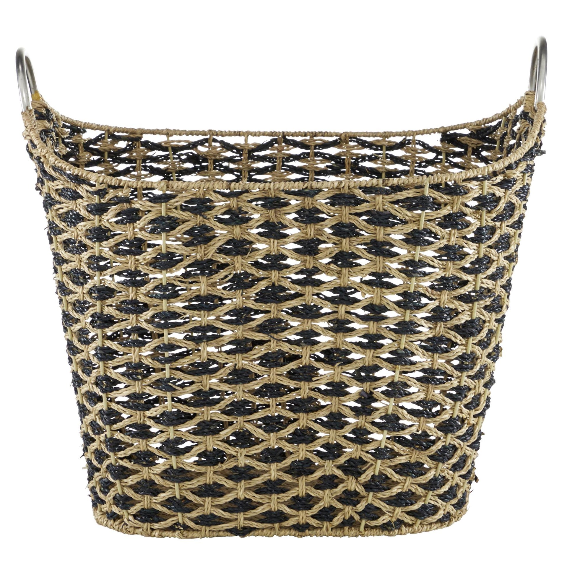 Seagrass Handmade Two Toned Decorative and Functional Storage Basket with Metal Handles