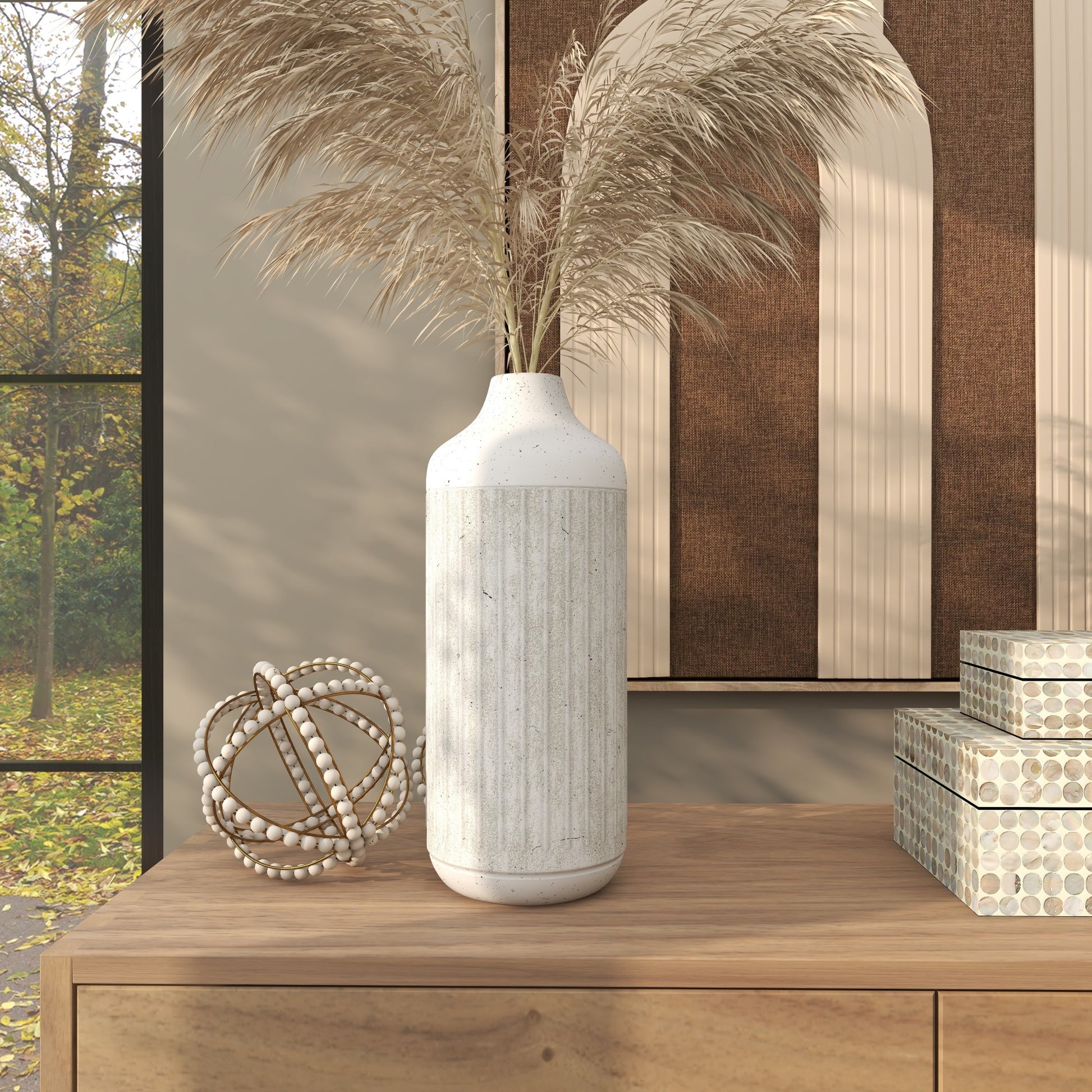 Gray Metal Ribbed Speckled Decorative Vase