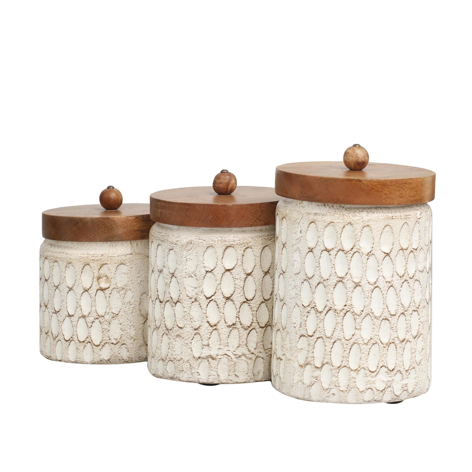Set of 3 Geometric Cream Paper Mache Handmade Carved Spotted Decorative Canisters with Brown Removable Lids