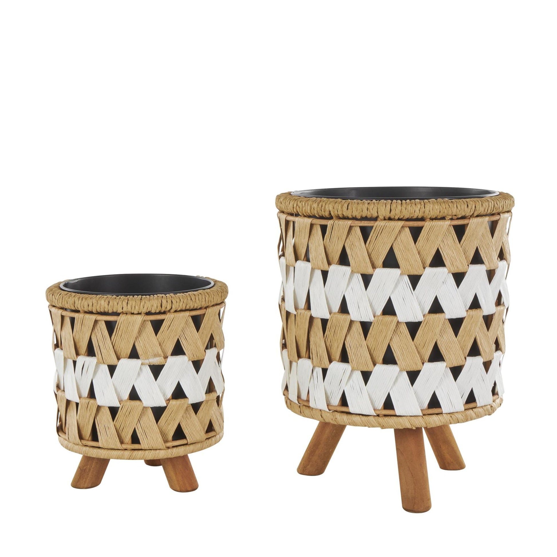 Set of 2 Geometric Brown Jute Rope Handmade Woven Chevron Indoor Planter with Wooden Legs