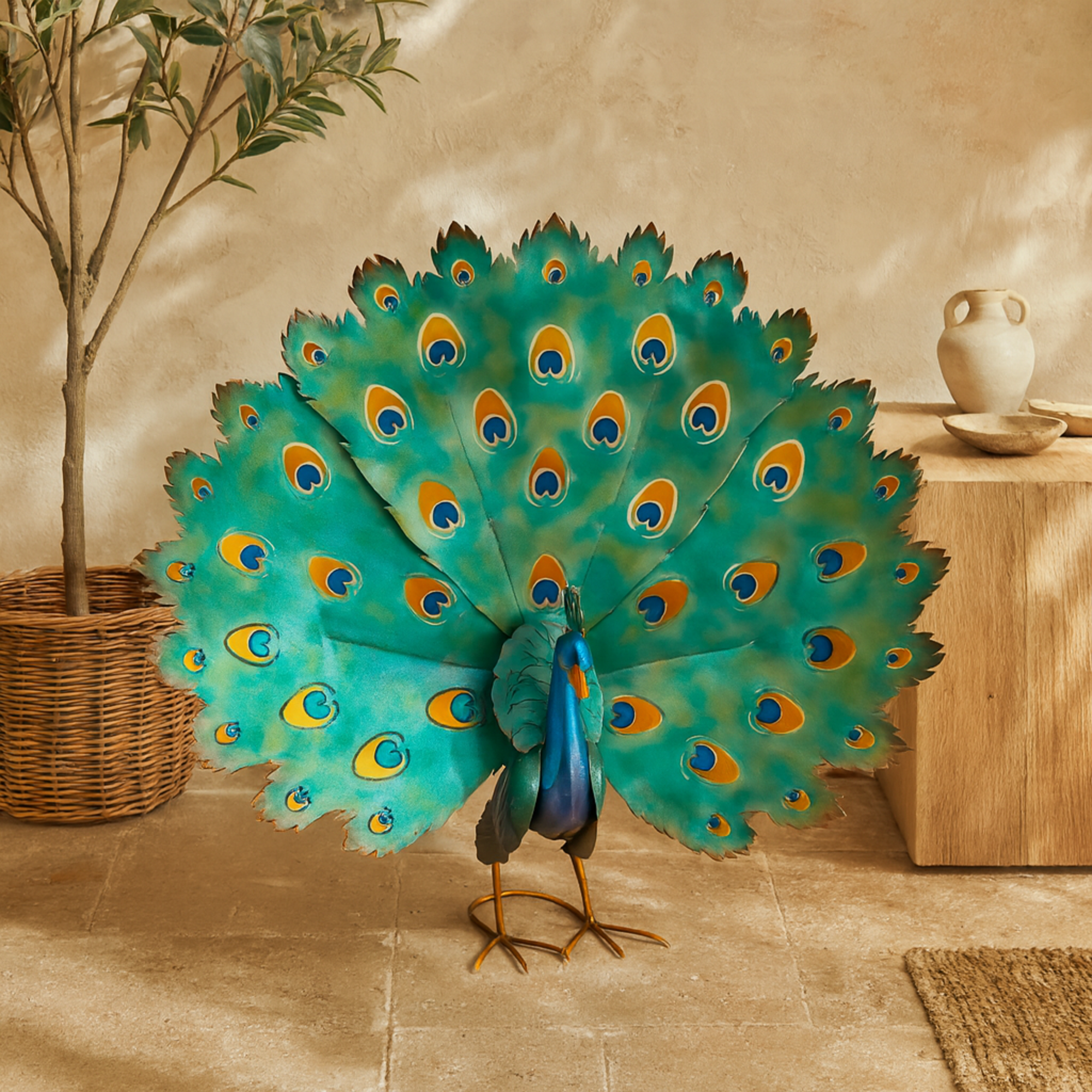 Peacock Blue Metal Decorative Garden Sculpture with Gold Legs and Teal Wings