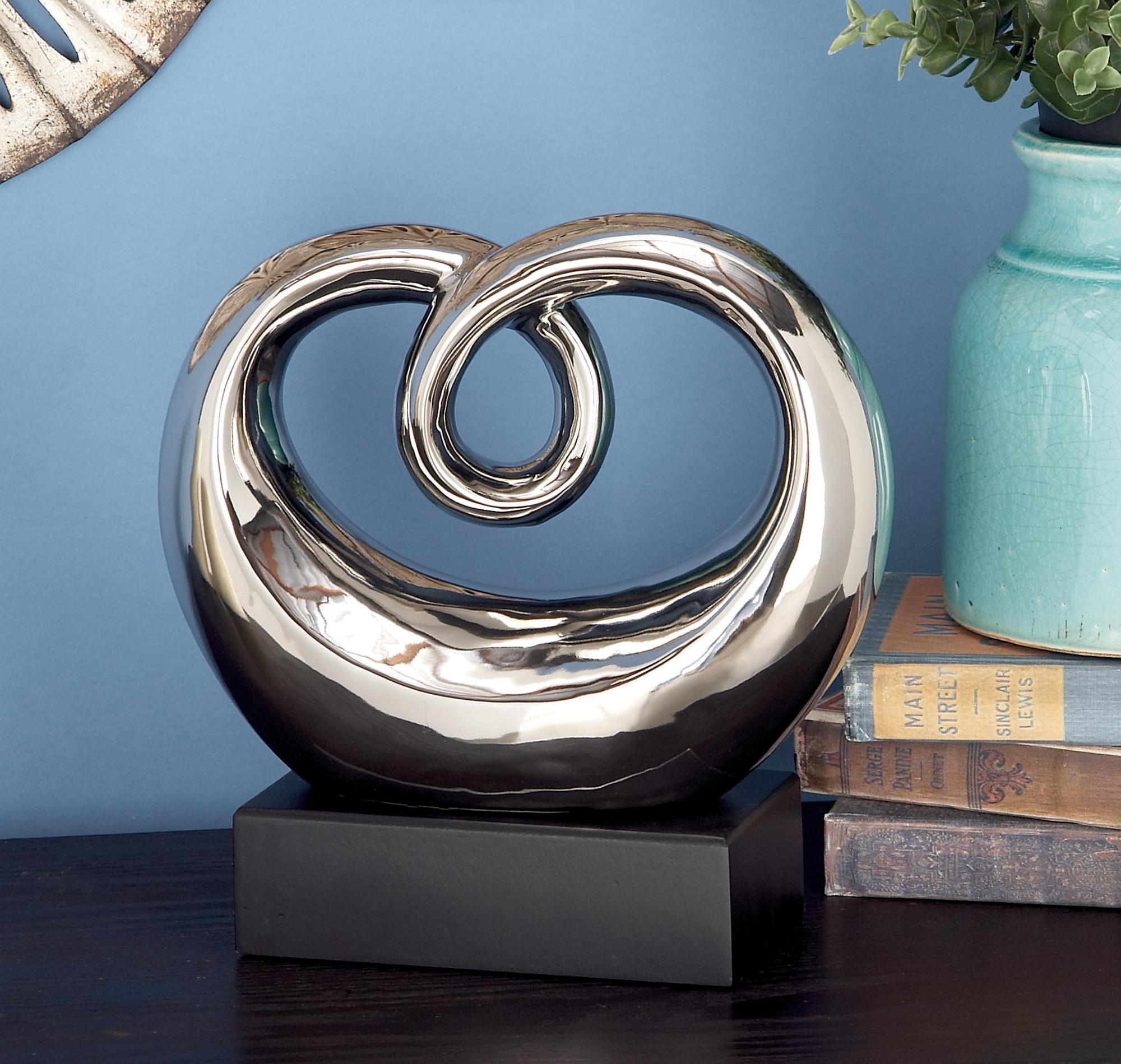 Abstract Silver Ceramic Swirl Decorative Sculpture with Black Base