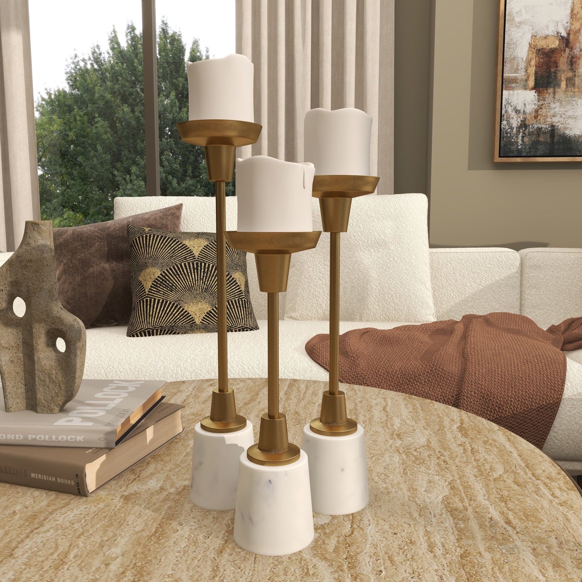 Set of 3 Gold Aluminum Metal Slim Decorative Candle Holder with White Marble Base