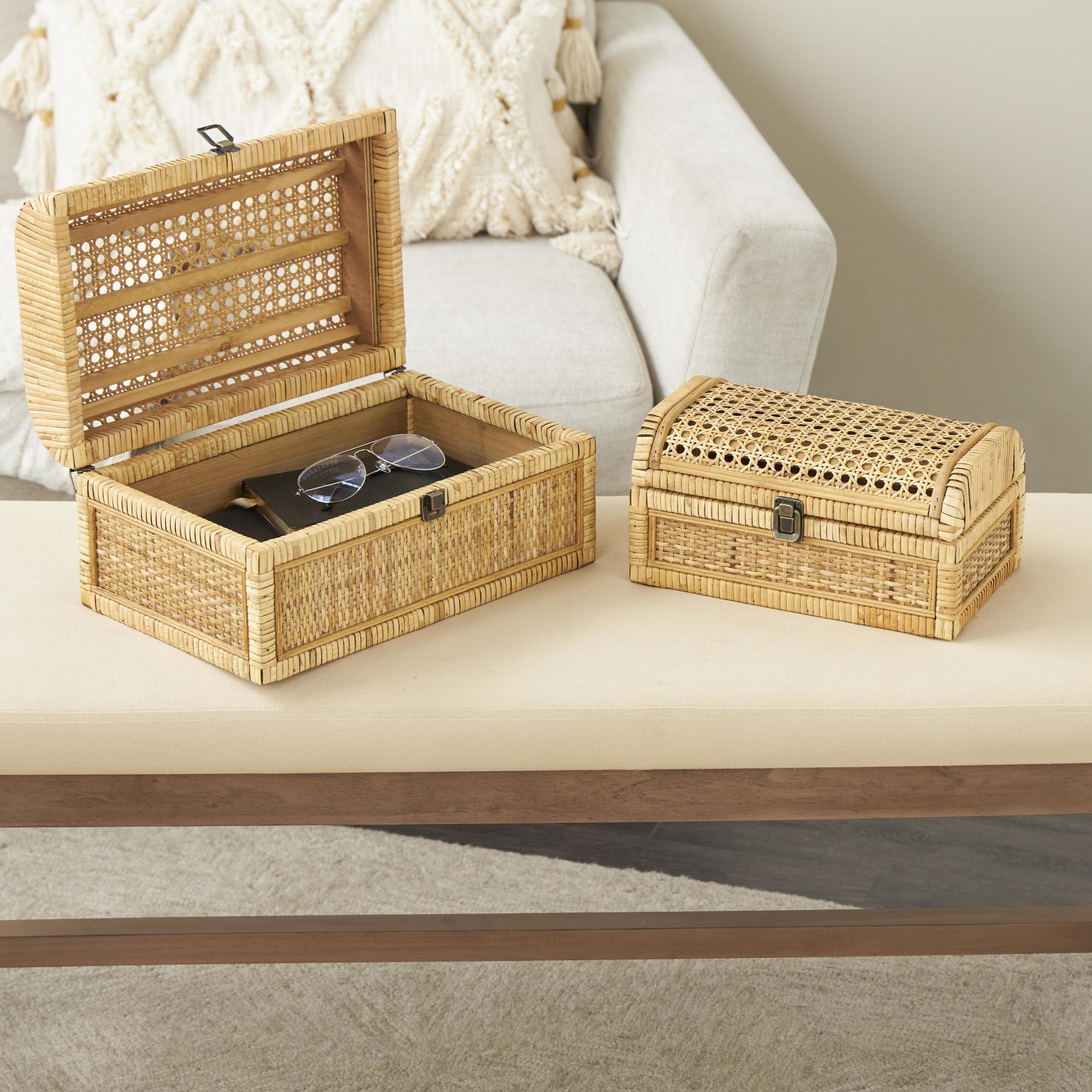 Set of 2 Brown Rattan Handmade Woven Storage Decorative Box with Curved Tops and Wrapped Edges