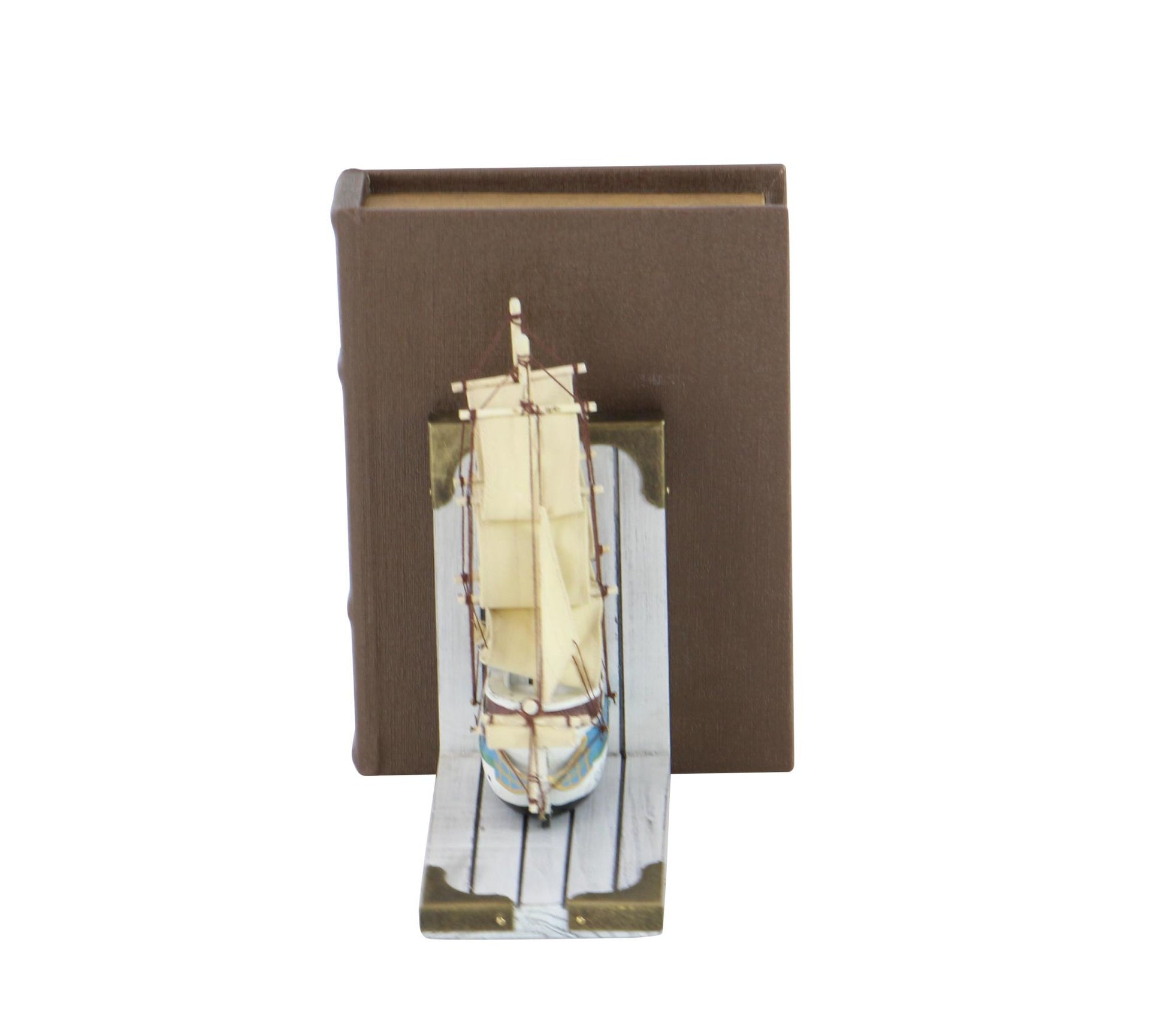 Set of 2 Sail Boat White Wood Decorative Bookends with Real Boat Rigging and Gold Corners