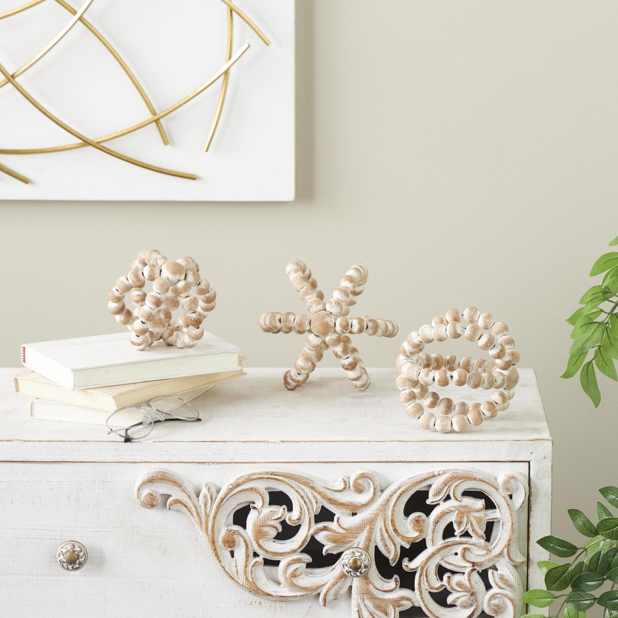 Set of 3 Knot Brown Wood Handmade Beaded Decorative Sculpture with White Washed Distressing
