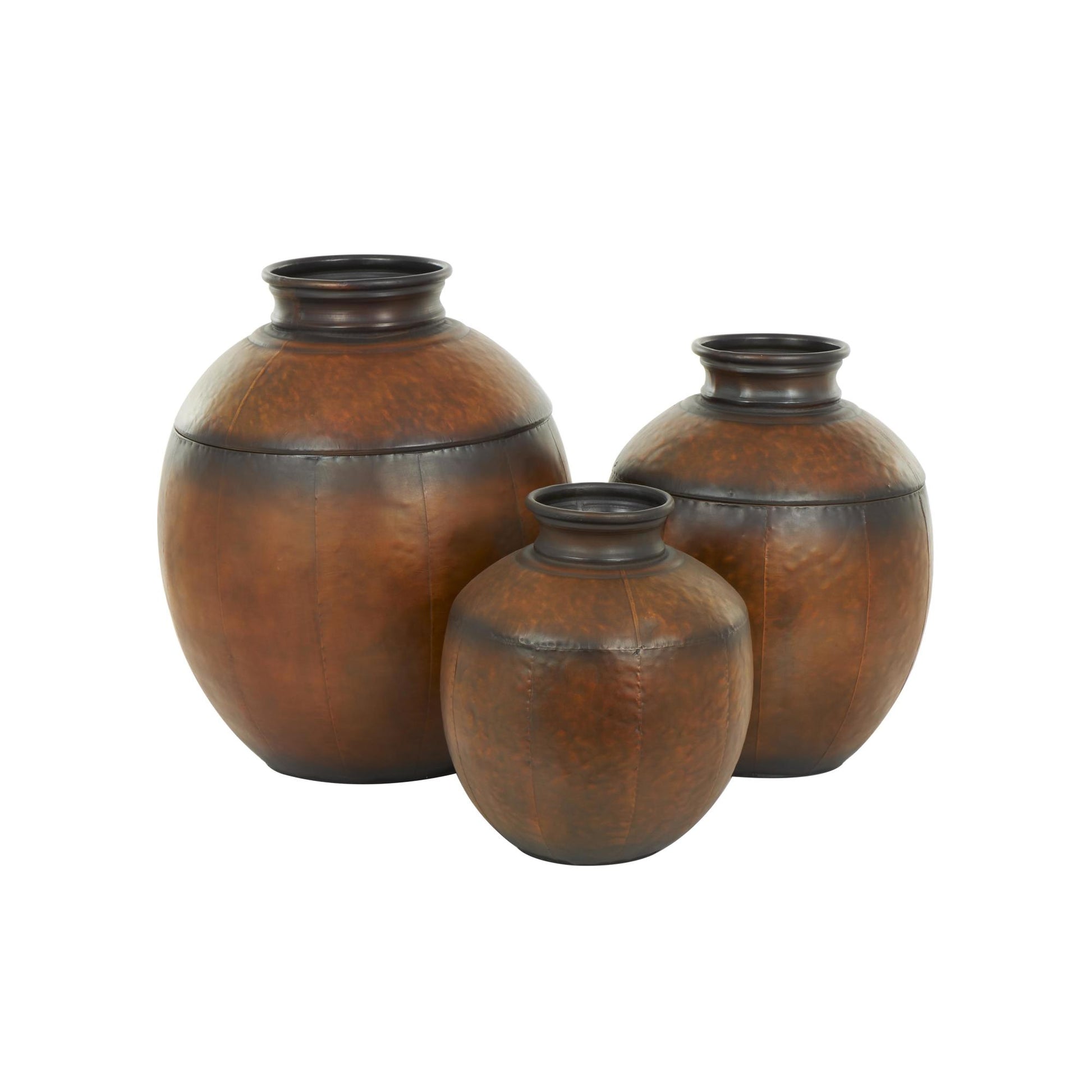 Set of 3 Brown Metal Antique Style Round Pot Floor Decorative Vase