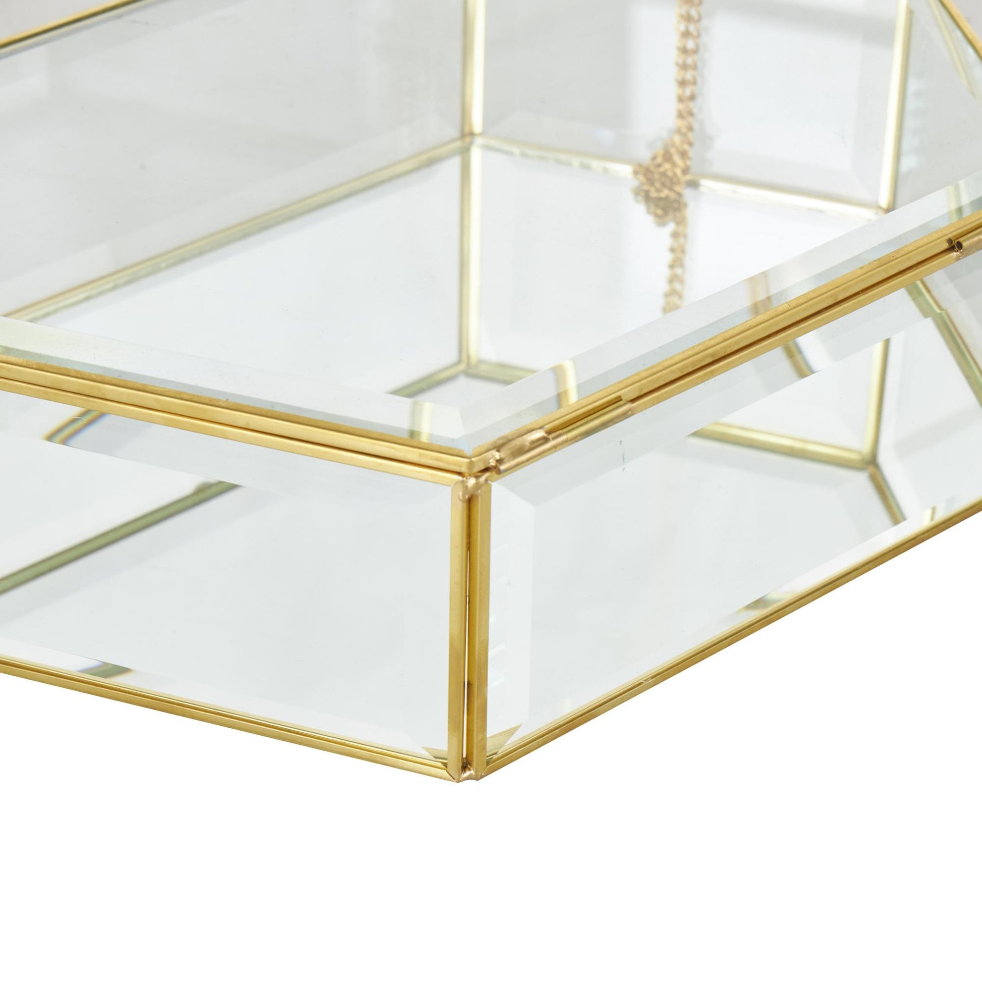 Set of 2 Geometric Clear Glass Beveled Hexagon Decorative Jewelry Box with Gold Metal Frame and Chain Accent