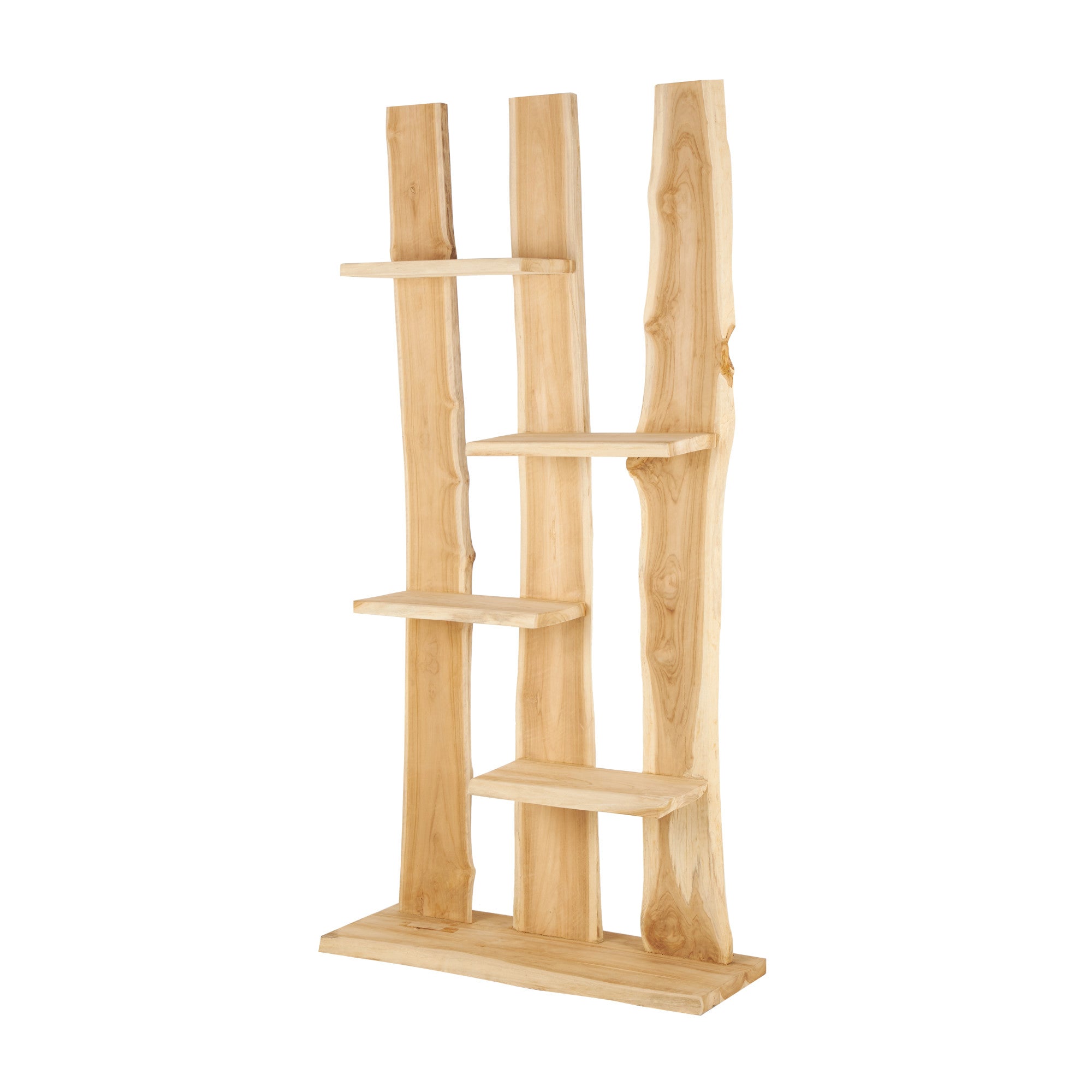 Light Brown Teak Wood Handmade Live Edge 4 Shelf Storage Shelving Unit
