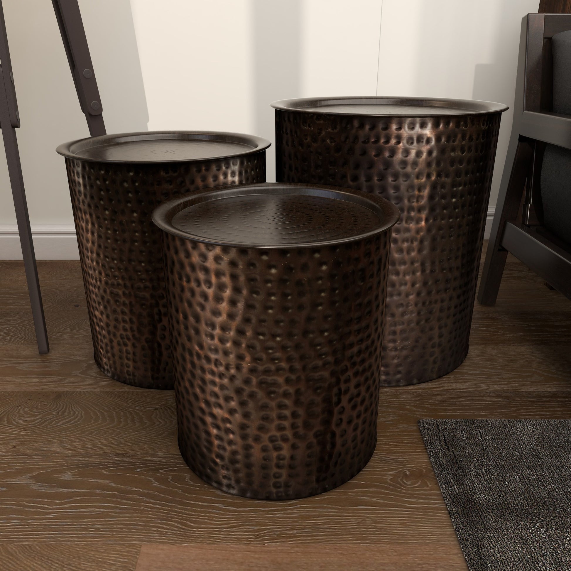 Set of 3 Drum Bronze Metal Handmade Side End Accent Table with Hammered Design