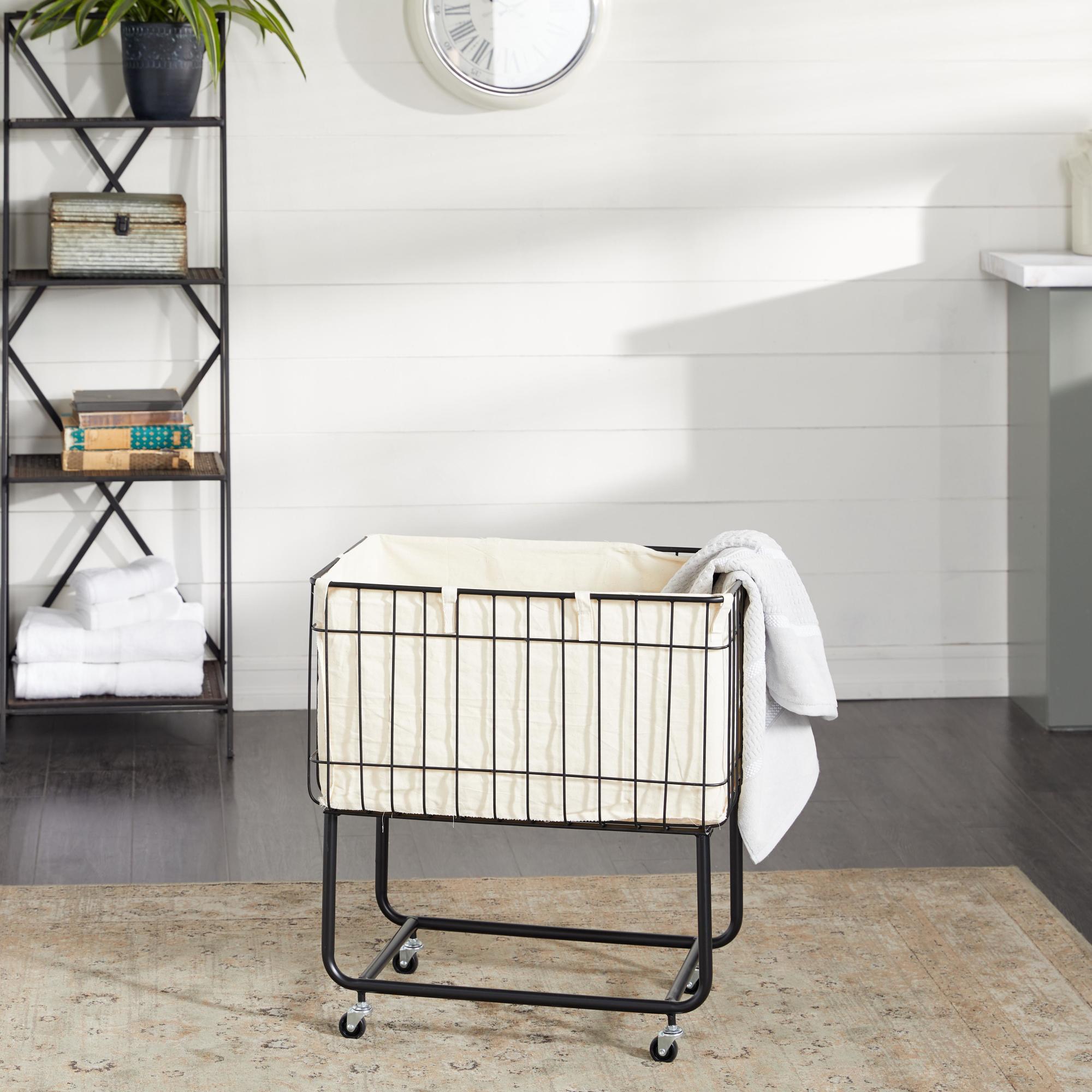 Black Metal Deep Set Wire Basket Mobile Storage Cart with Wheels and Fabric Lining