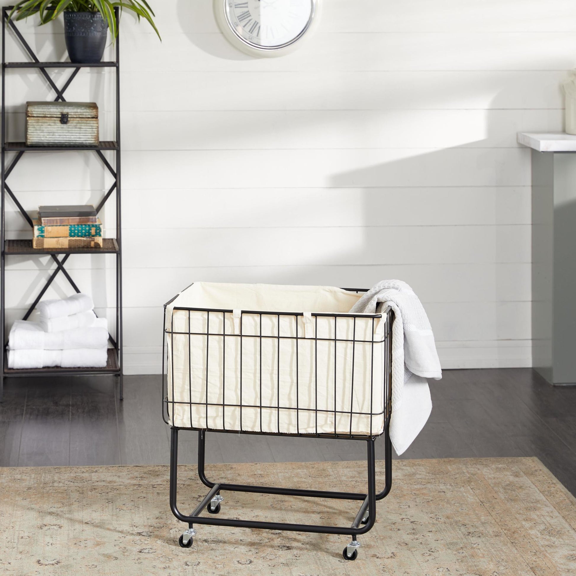 Black Metal Deep Set Wire Basket Mobile Storage Cart with Wheels and Fabric Lining