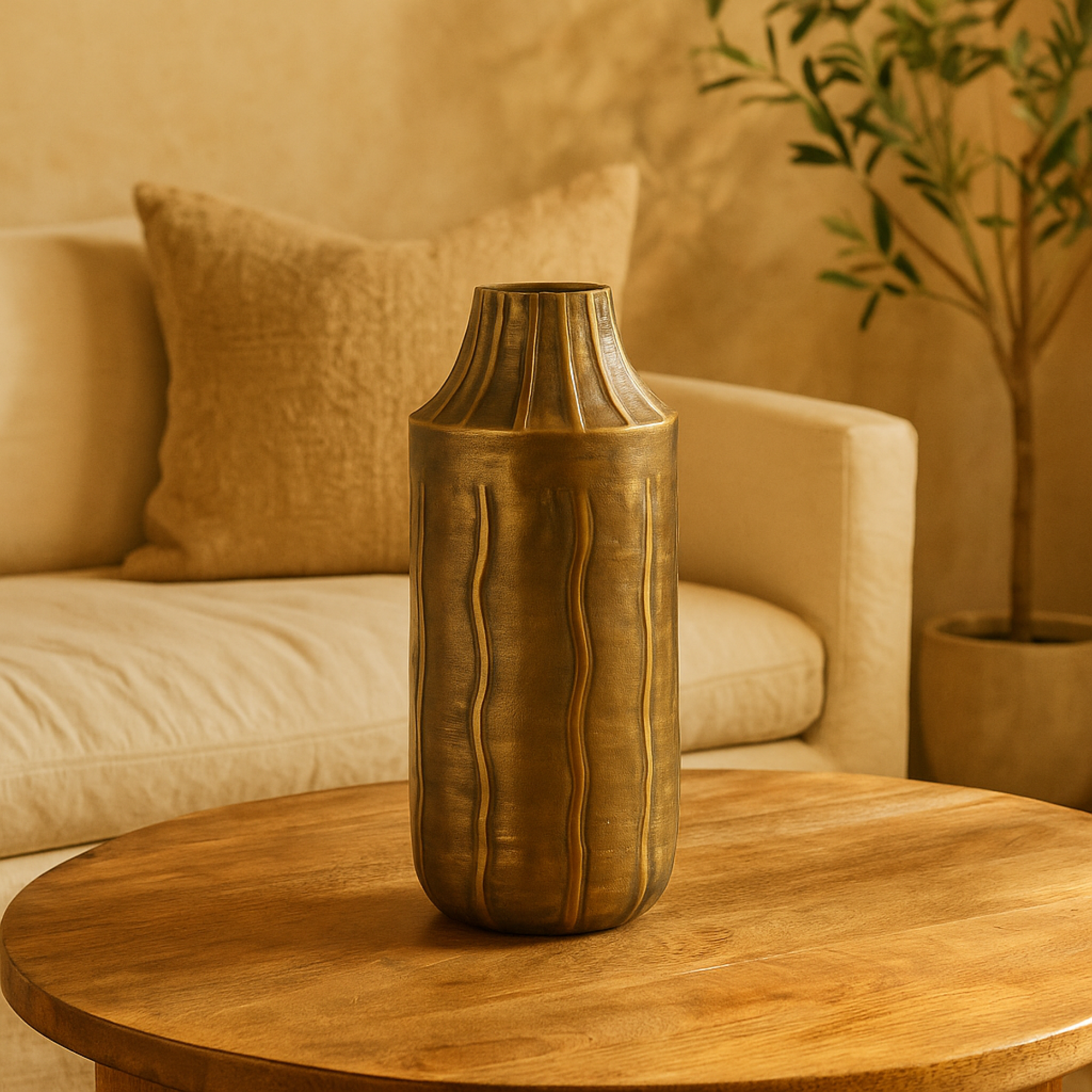 Brass Metal Snakeskin Inspired Decorative Vase with Dimensional Wavy Accents