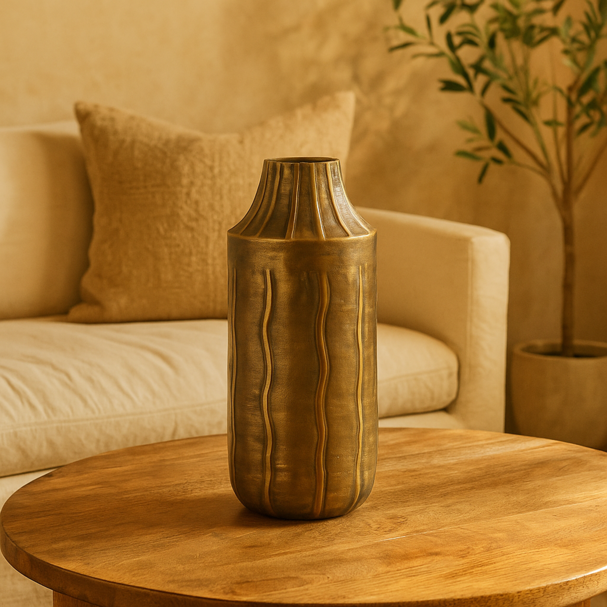 Brass Metal Snakeskin Inspired Decorative Vase with Dimensional Wavy Accents
