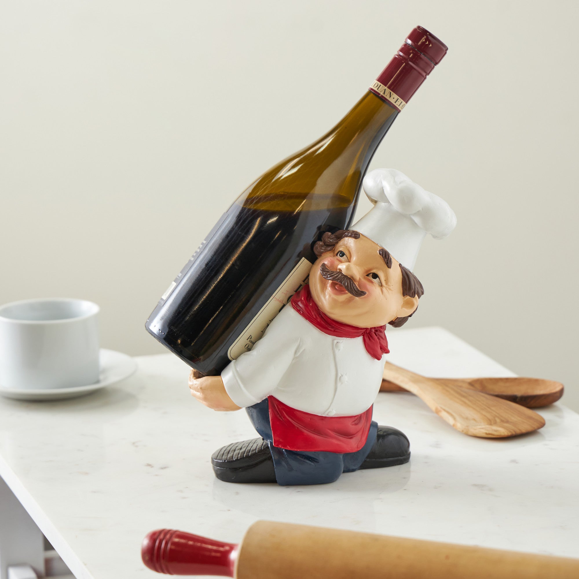 Chef White Polystone Kitchen Decorative Figurine Single Bottle Kitchen Wine Holder with Red Accents
