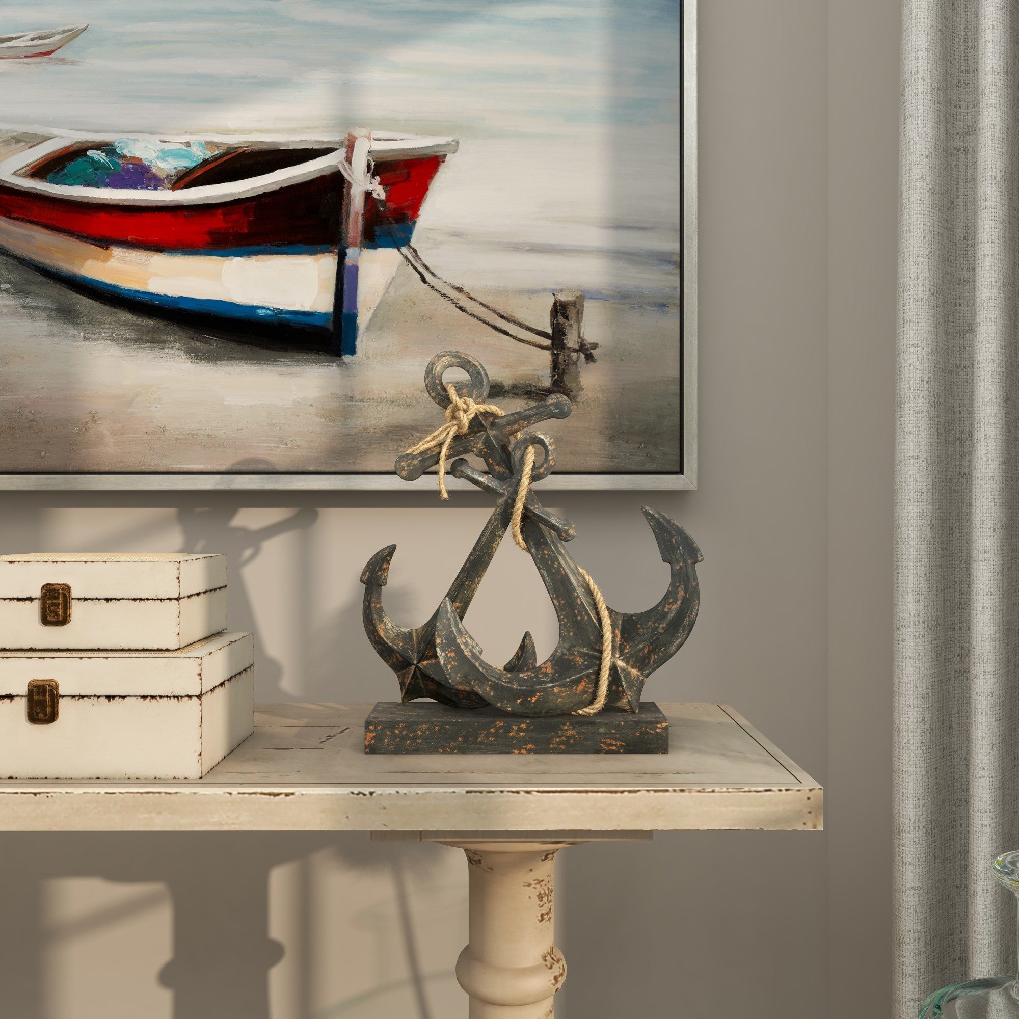 Anchor Black Metal Decorative Sculpture with Jute Rope Accents